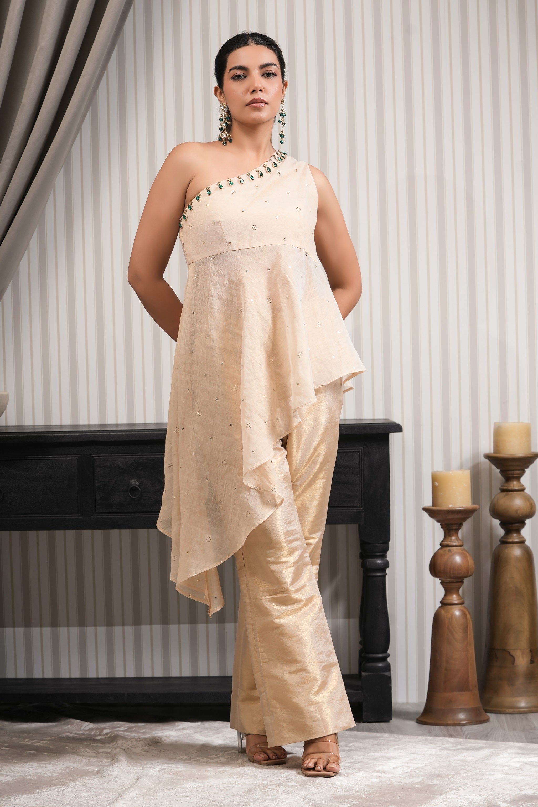 Stone Embroidered Chanderi Mukesh One Shoulder Kurta Set - Golden