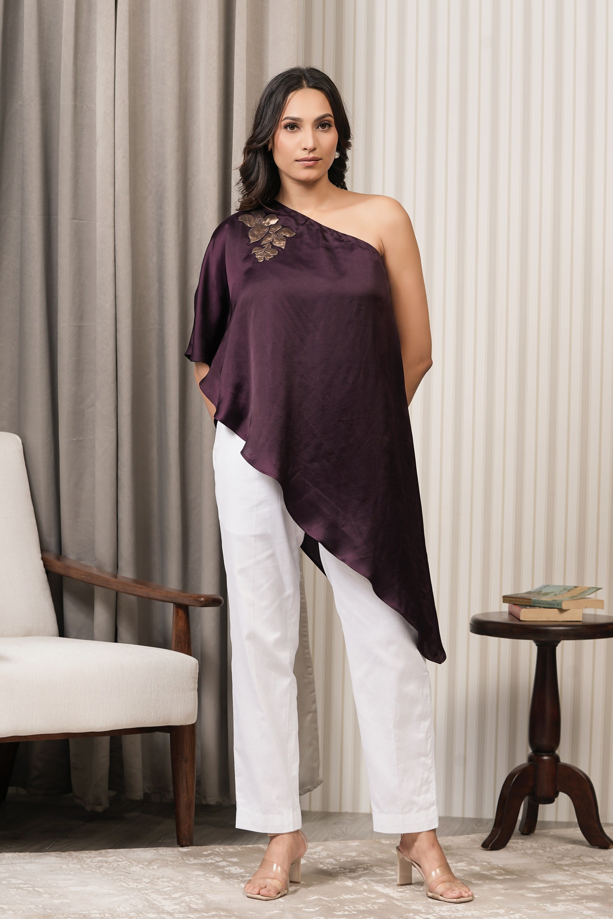 Embroidered Slub Satin One Shoulder Top - Wine