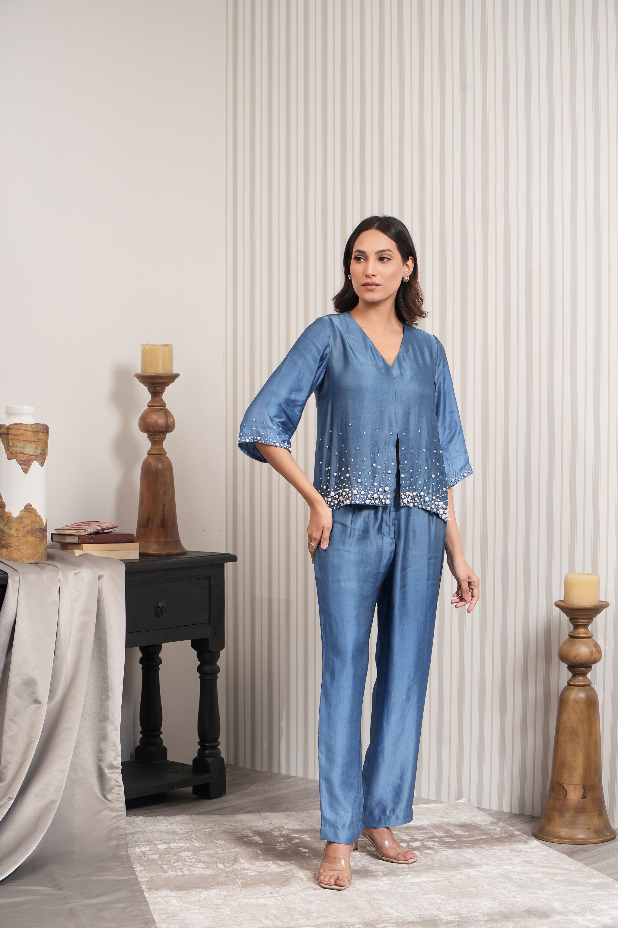 Embroidered Pearl Linen Satin Co-ord Set - Blue