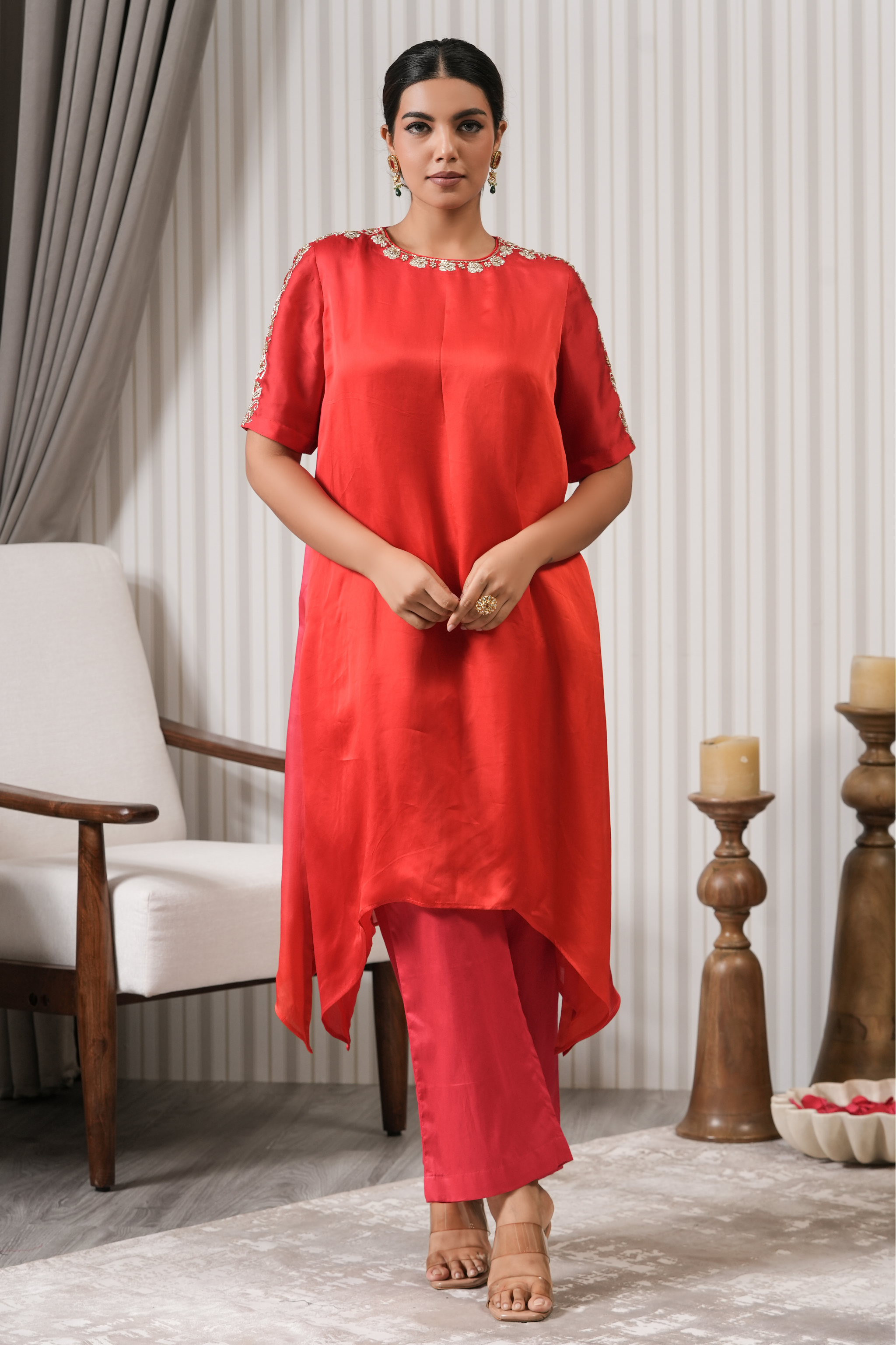 Embroidered Asymmetric Kurta Set - Pink