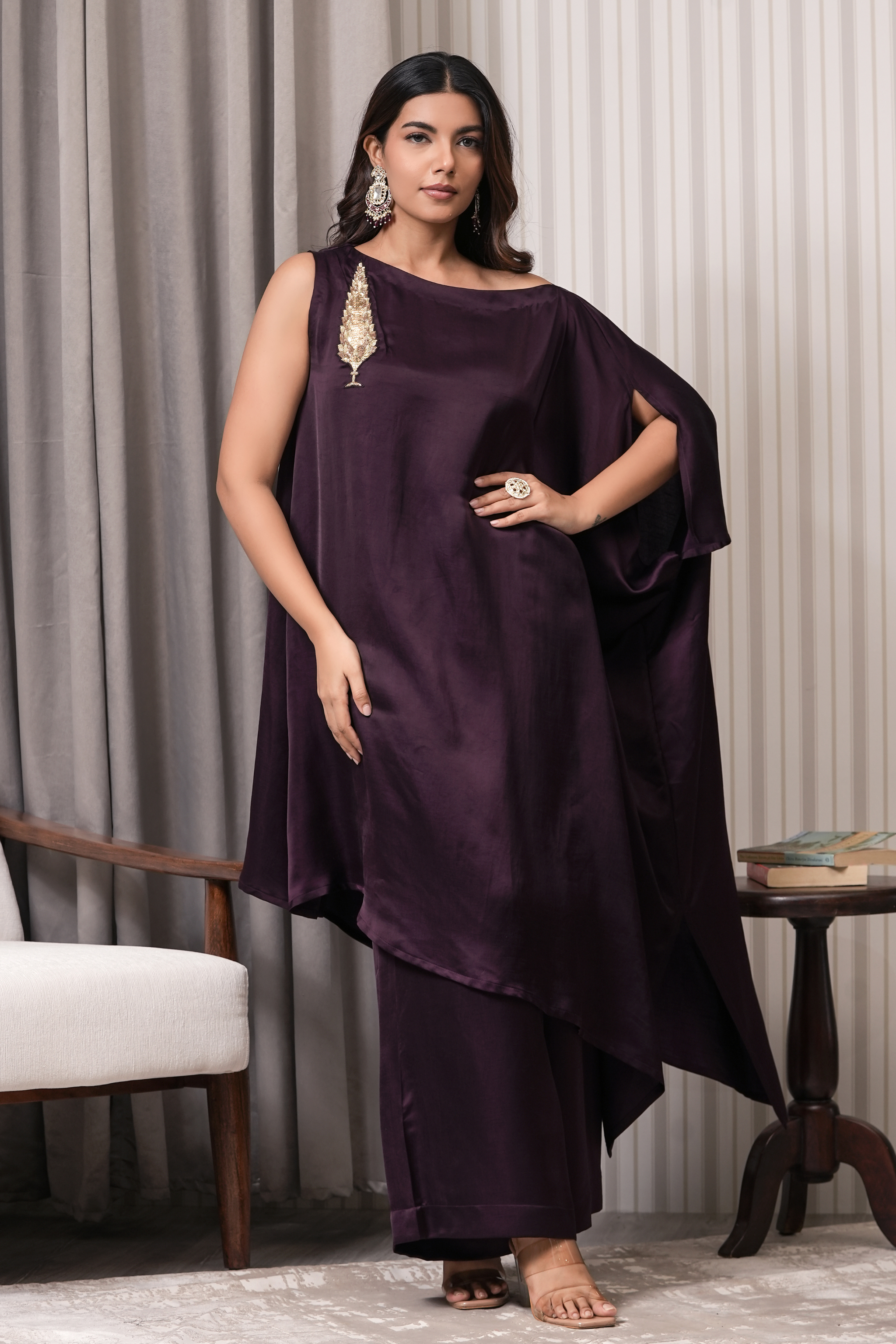 One Shoulder Asymmetric Kurta Set - Purple
