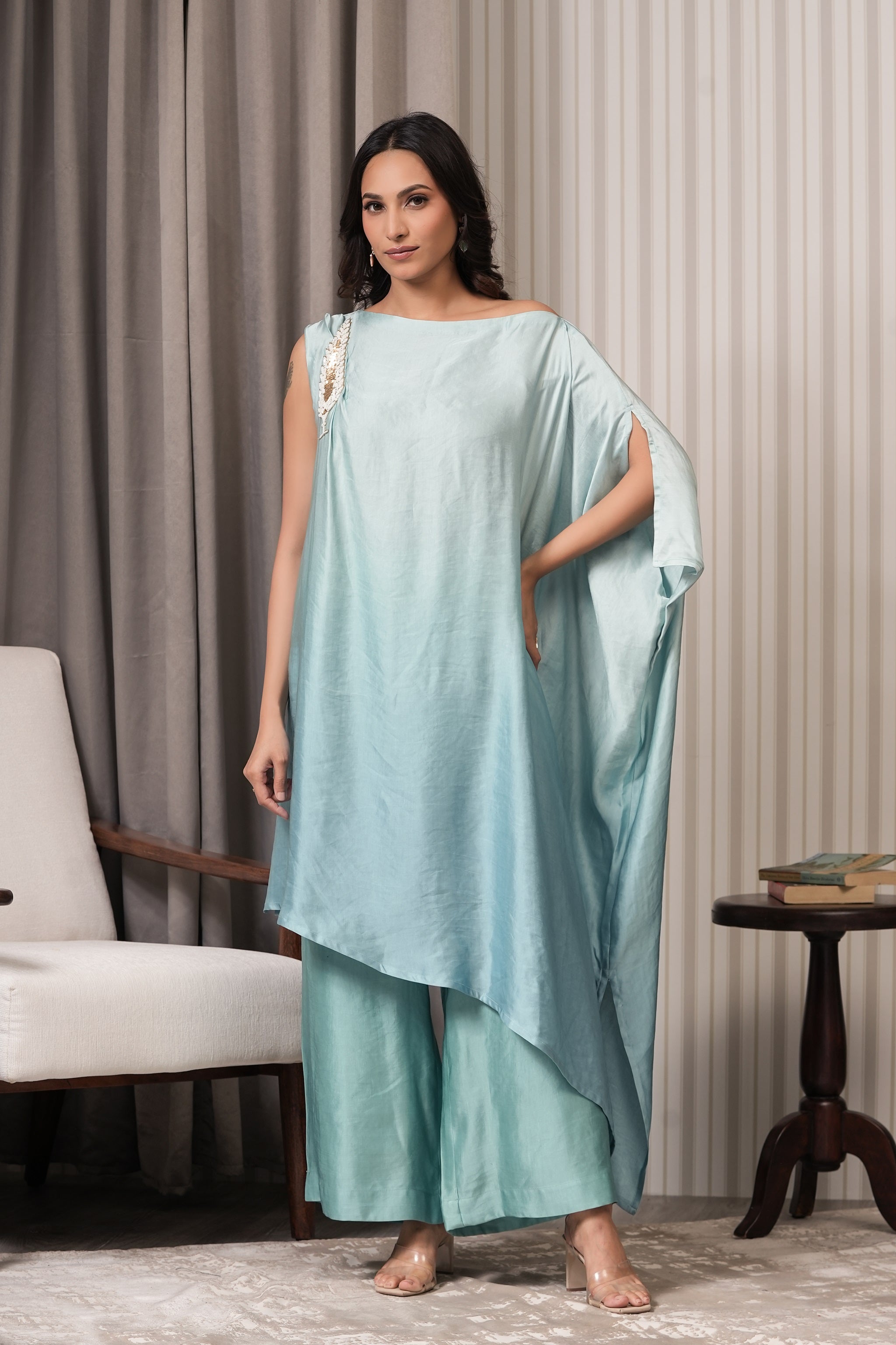 One Shoulder Asymmetric Kurta Set - Aqua