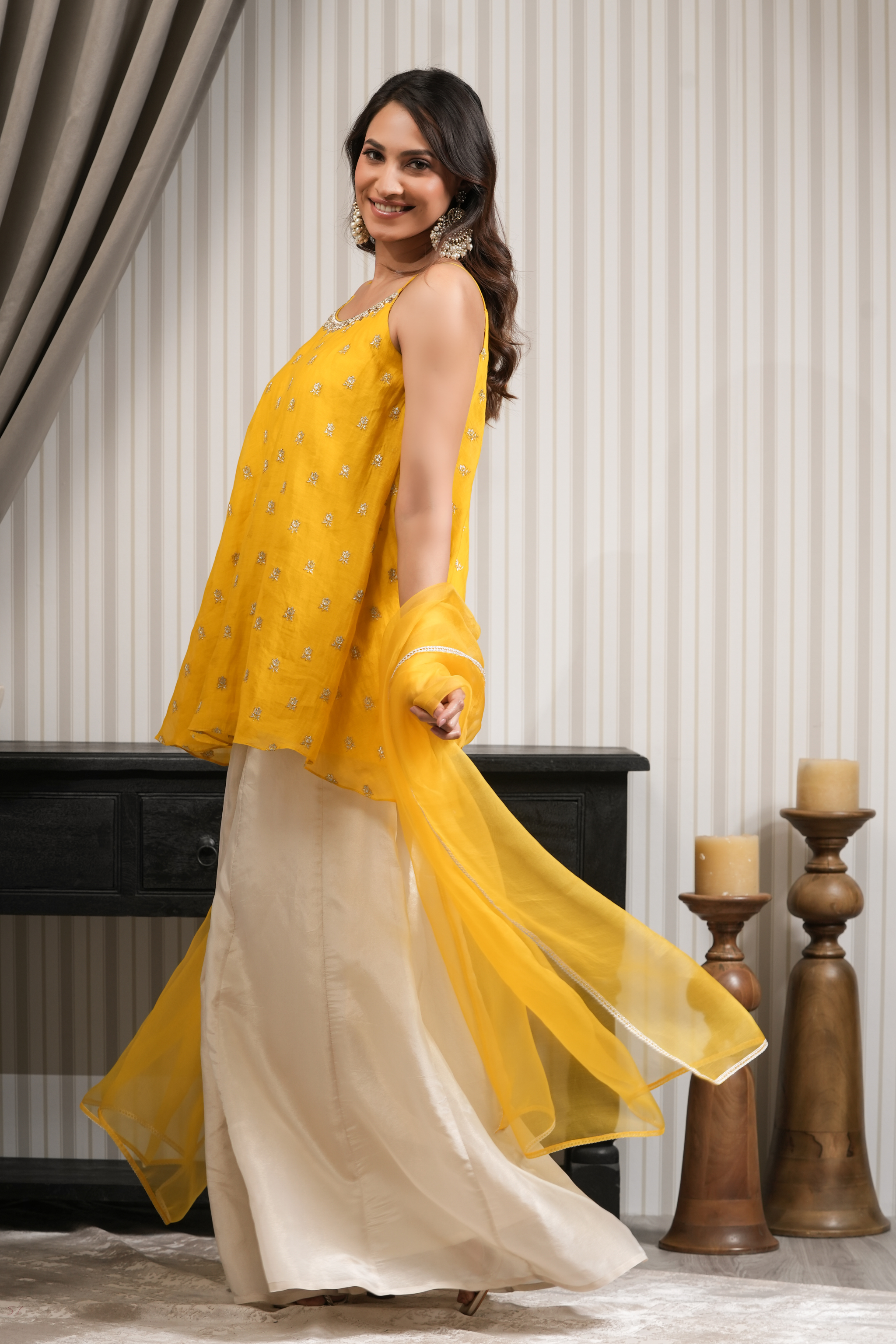 Pure Chanderi Short Kurti Sharara Set - Yellow