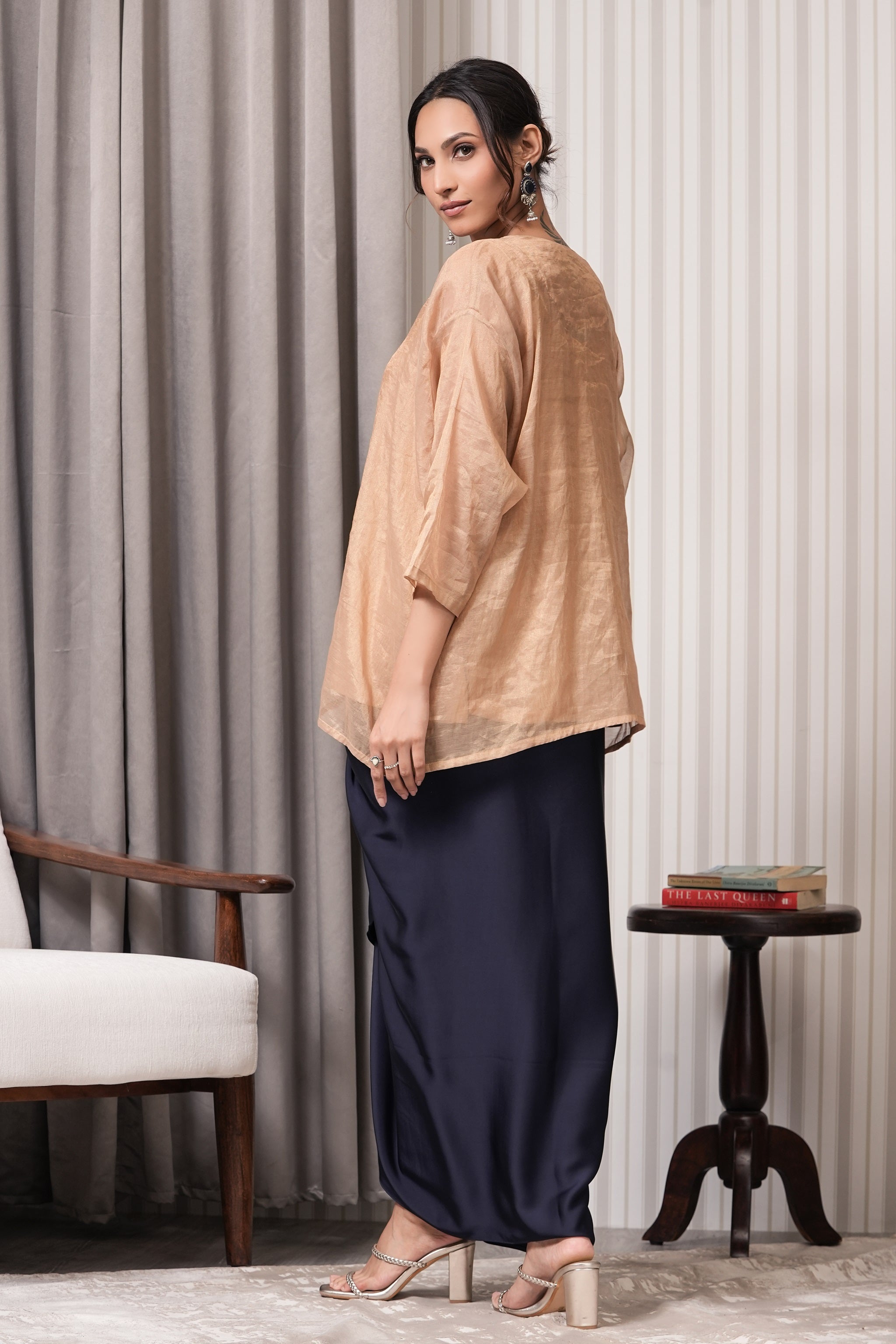 Pearl & Stone Embroidered Pure Tissue Top Draping Skirt Set - Golden