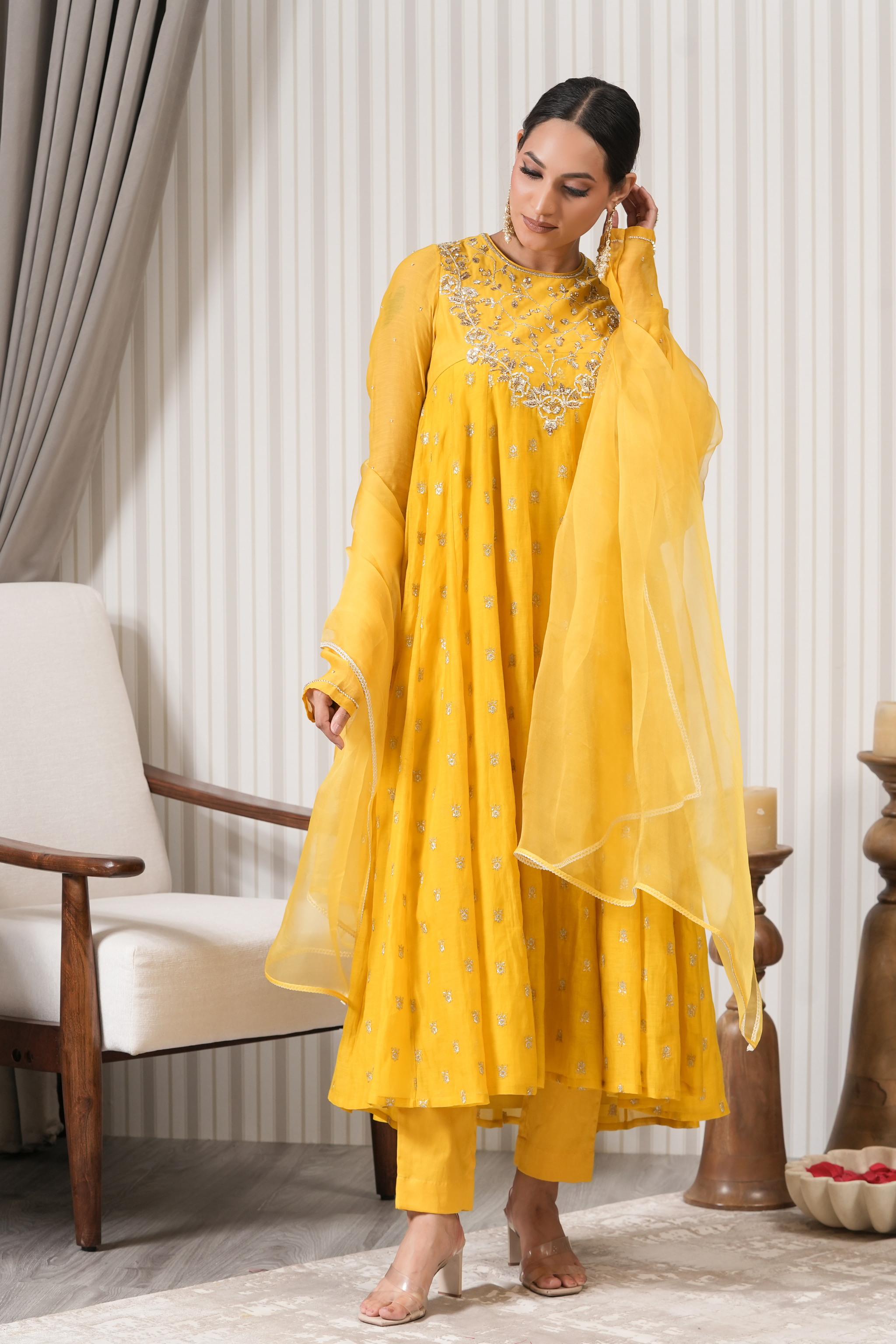 Handcrafted Pure Chanderi Anarkali Suit Set - Yellow