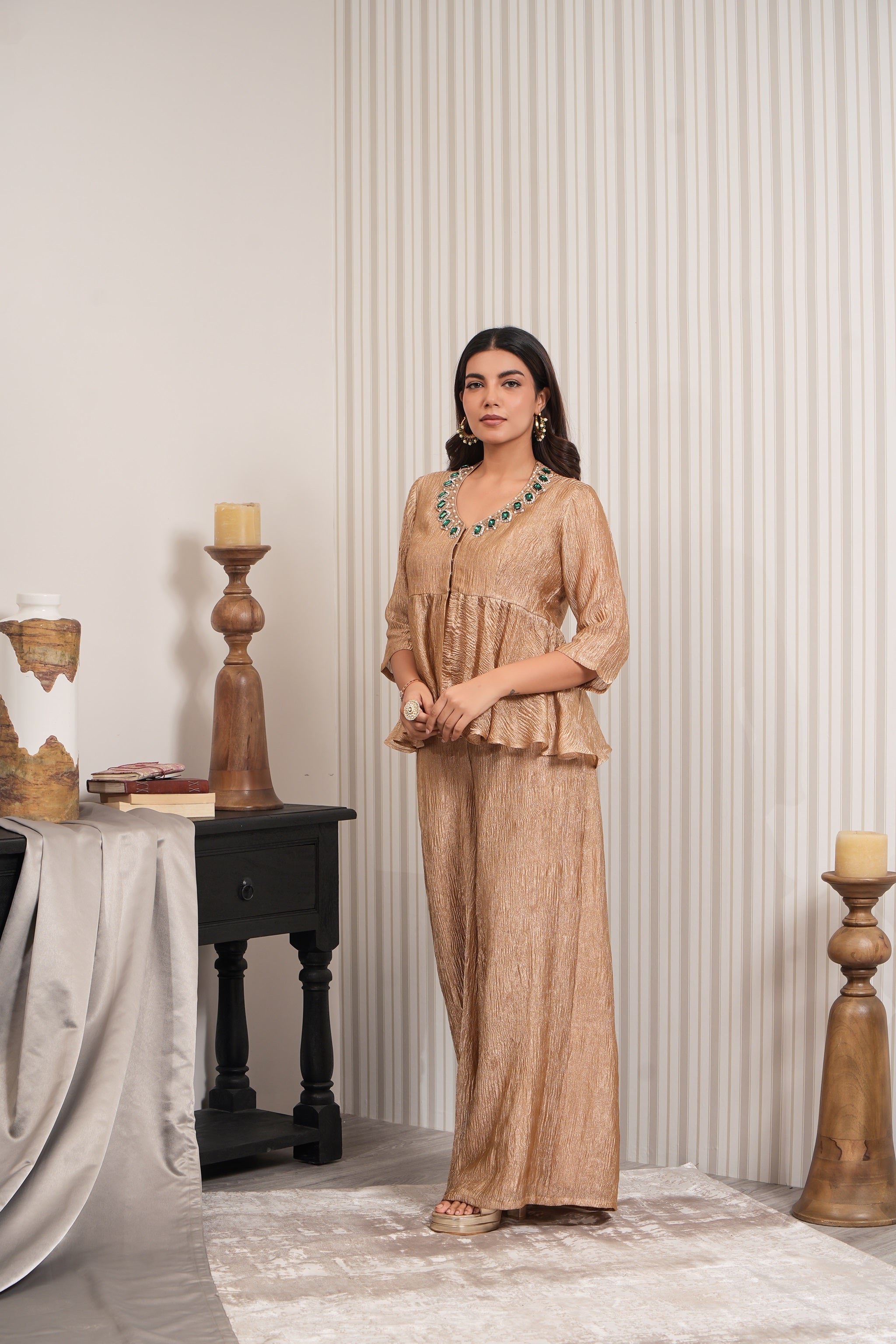 Stone Embroidered Crushed Tissue Short Kurti Sharara Set - Copper