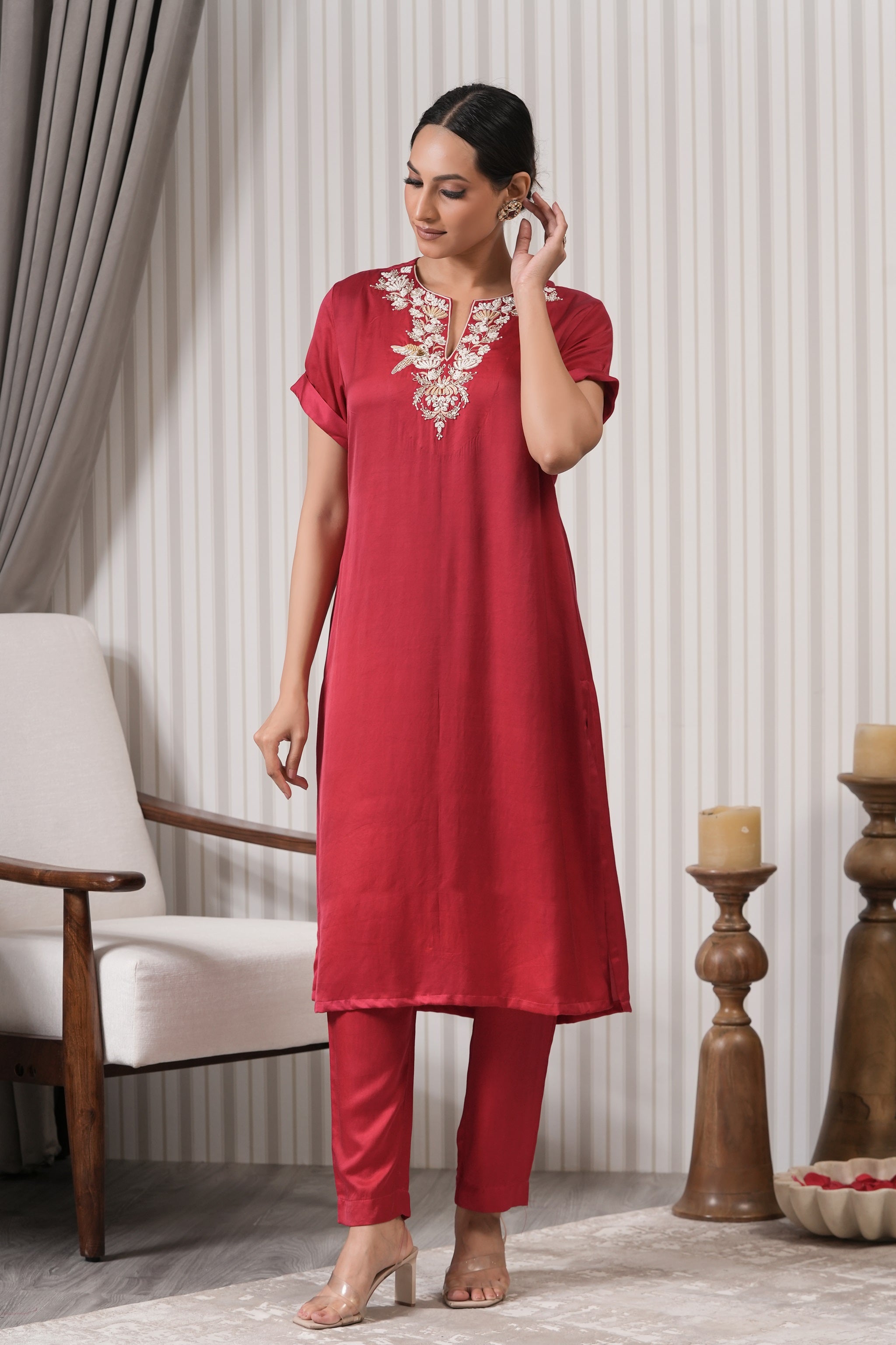 Embroidered Silk Straight Kurta Set - Red Pink