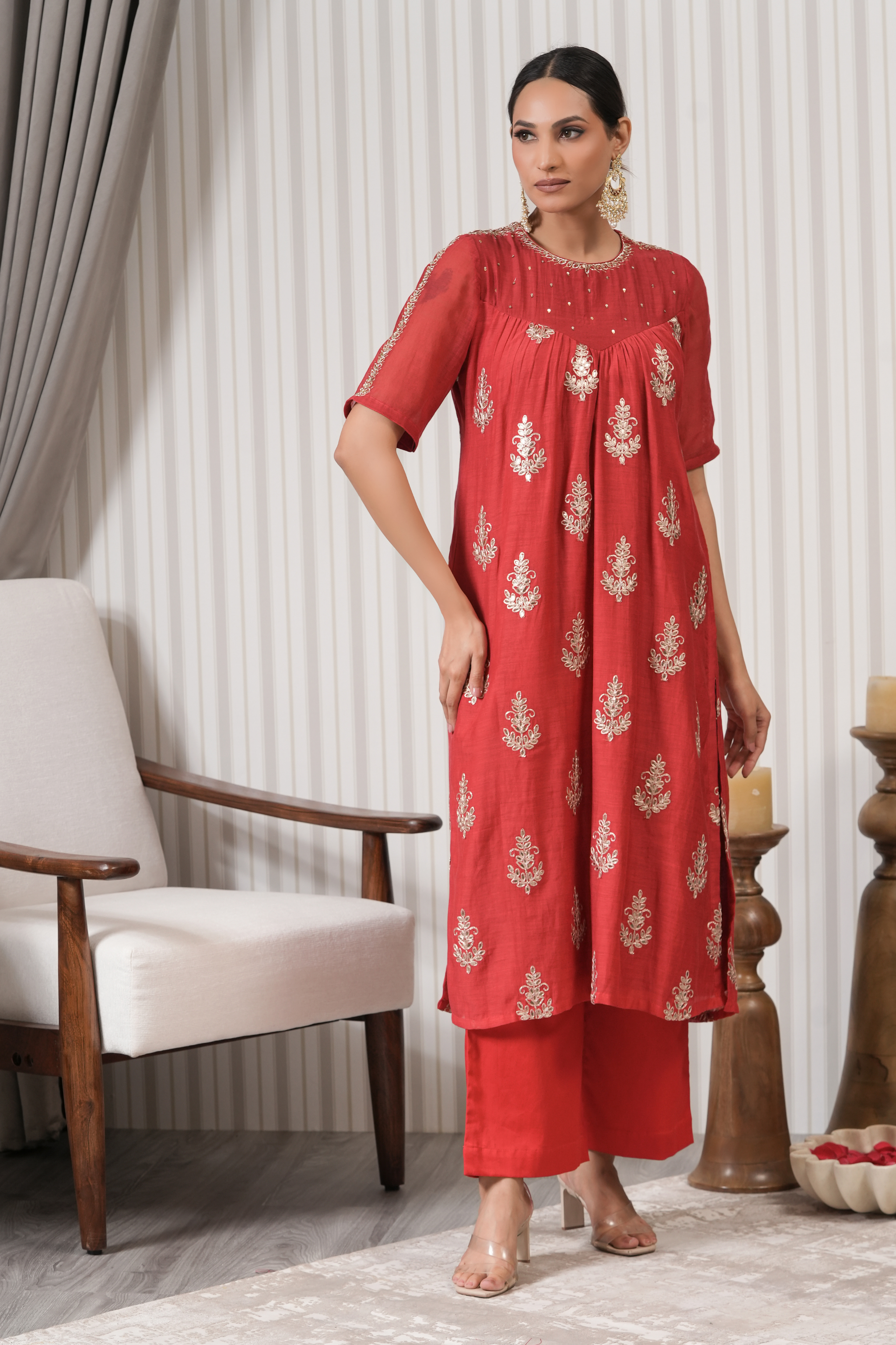 Pure Embroidered Chanderi Straight kurta Set - Red