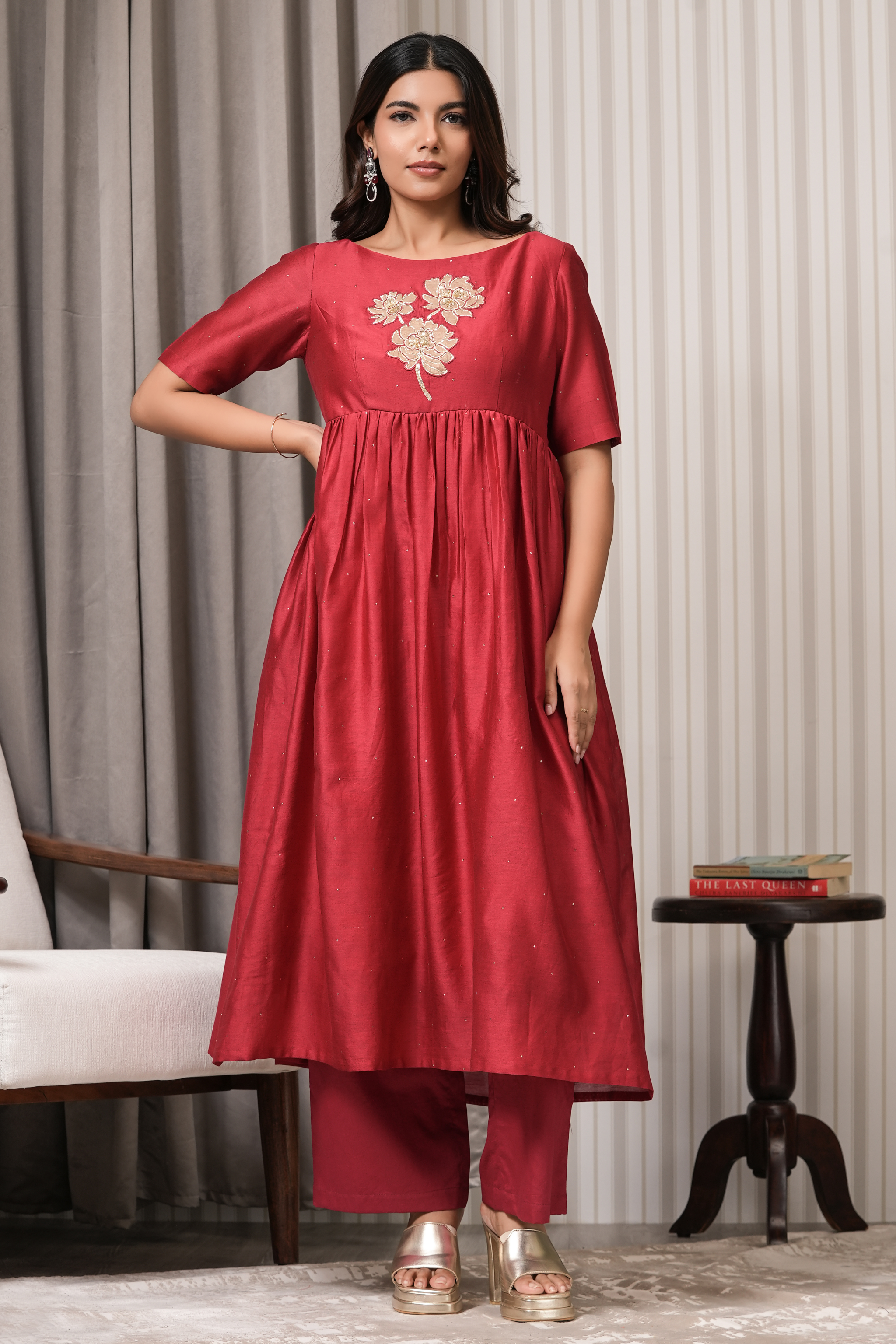 Embroidered Pure Chanderi Anarkali Kurta Set - Red