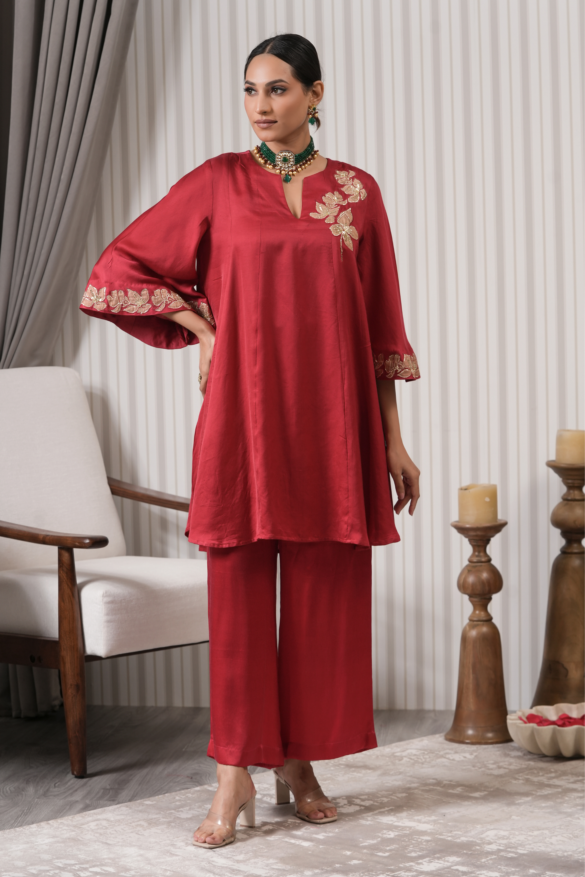 Embroidered Silk A-line Kurta Set - Red Pink
