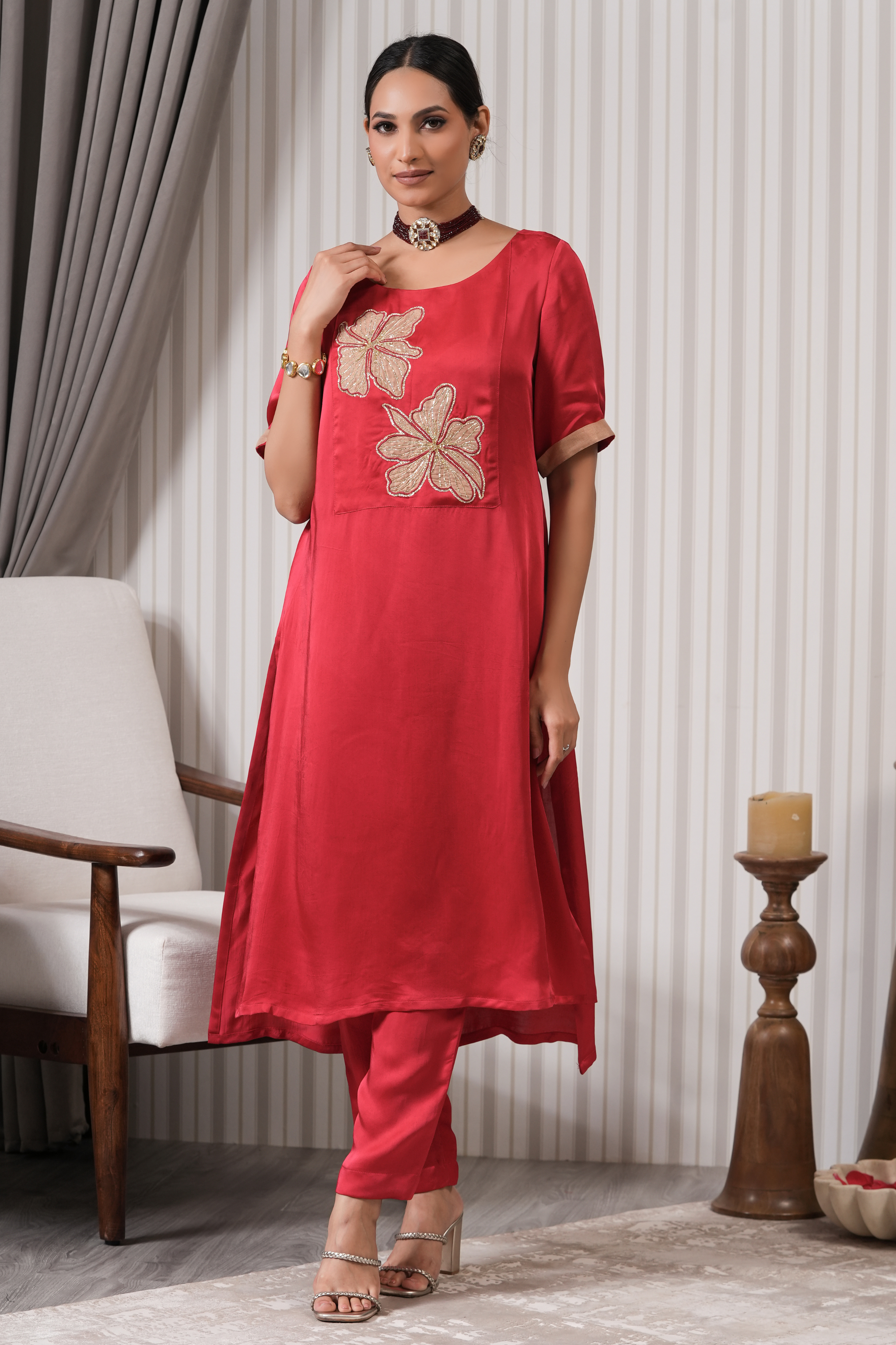 Embroidered Silk A-line Kurta Set - Red Pink