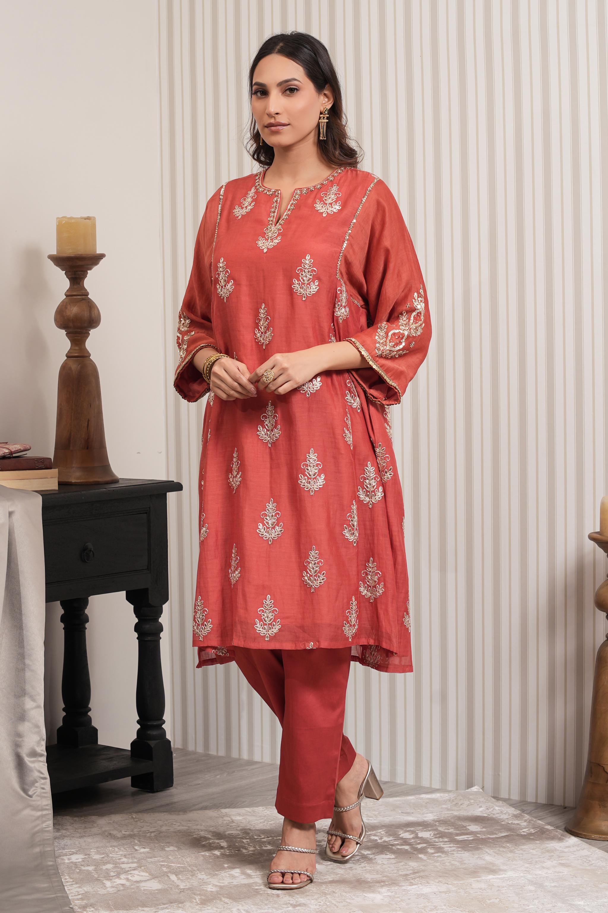 Pure Embroidered Chanderi A-line Kurta Set - Rust