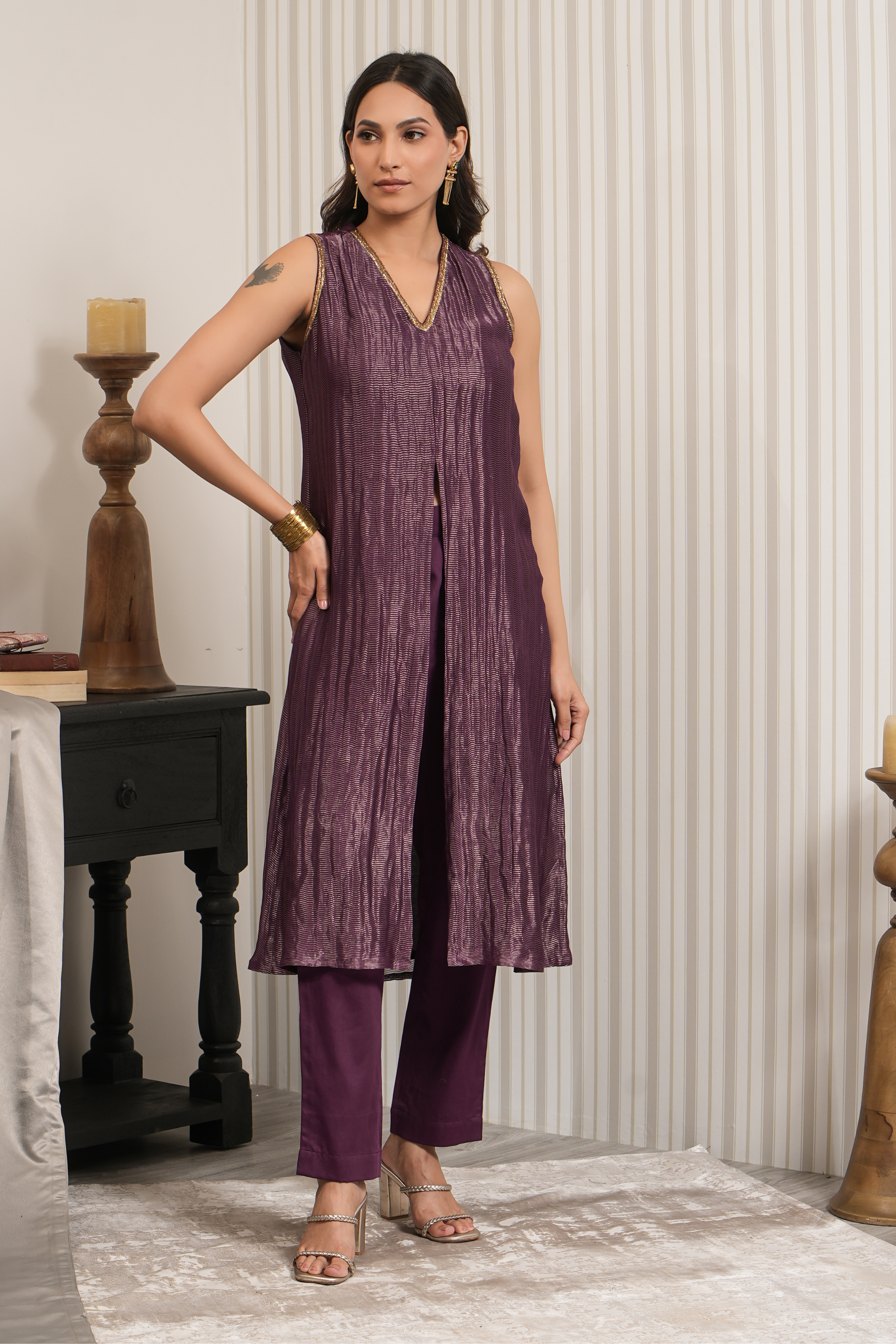 Chanderi Silk A-line Kurta Set - Wine
