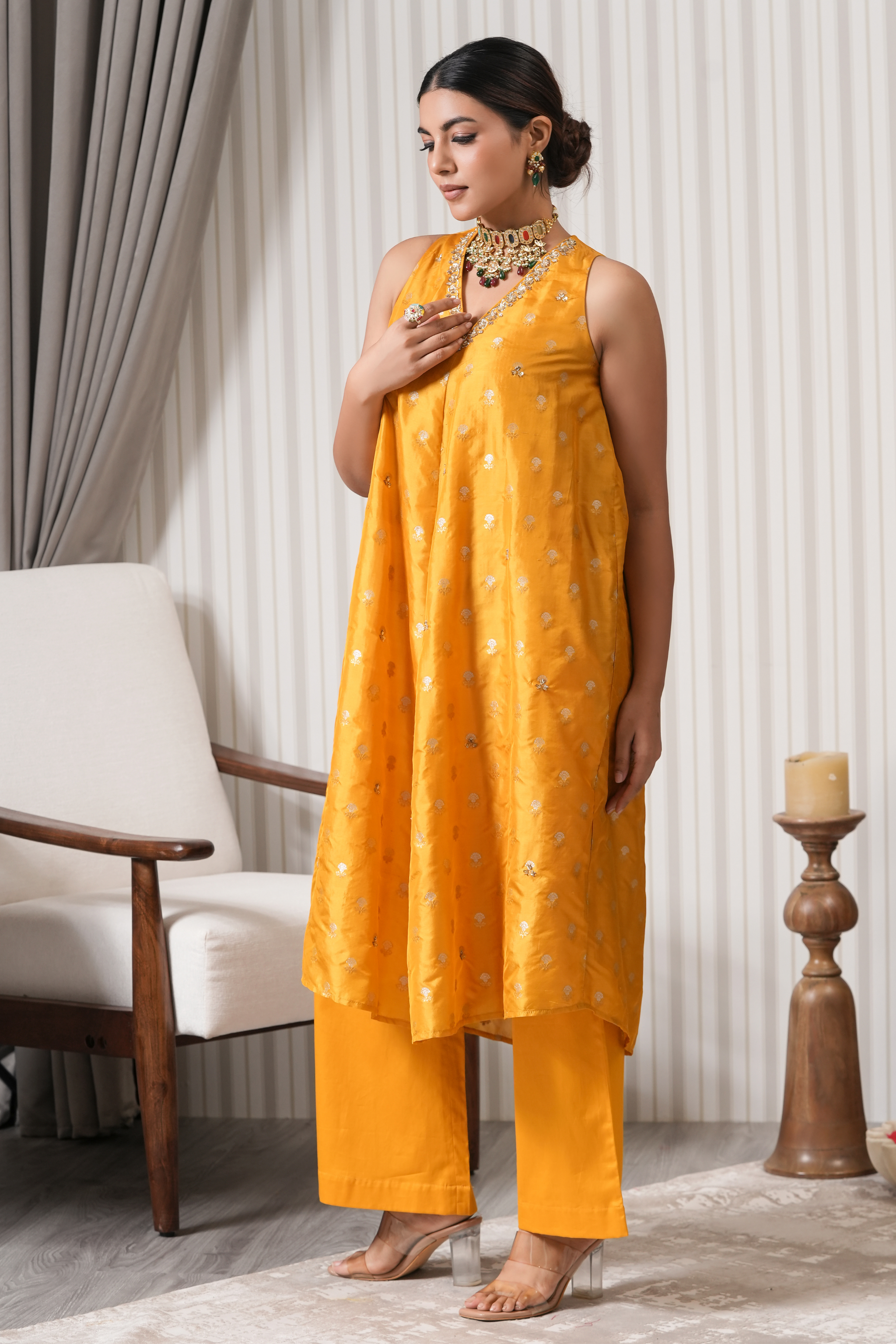Embroidered Pure Brocade A-line Kurta Set - Yellow
