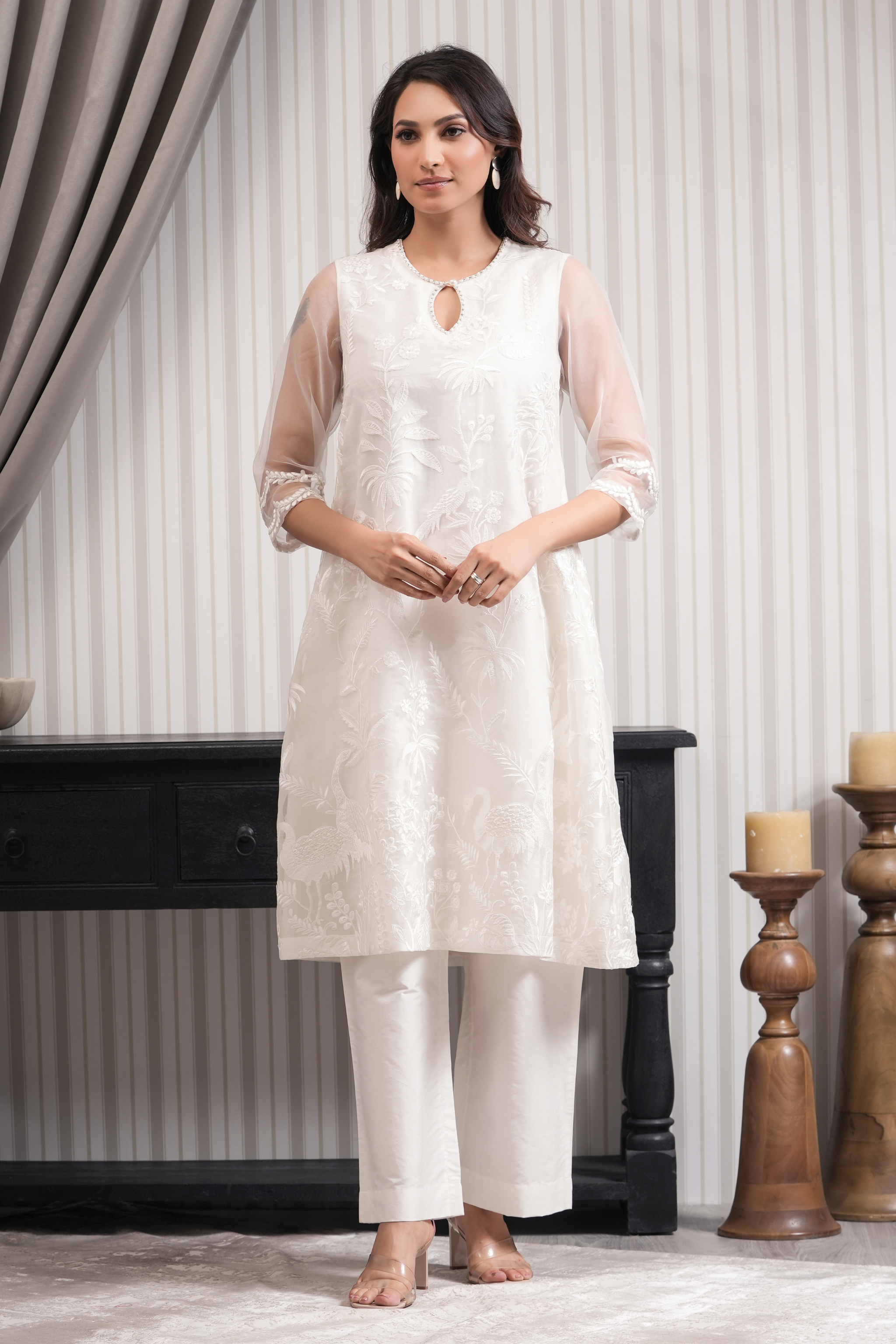 Pure Embroidered Tissue Straight Kurta Set - White