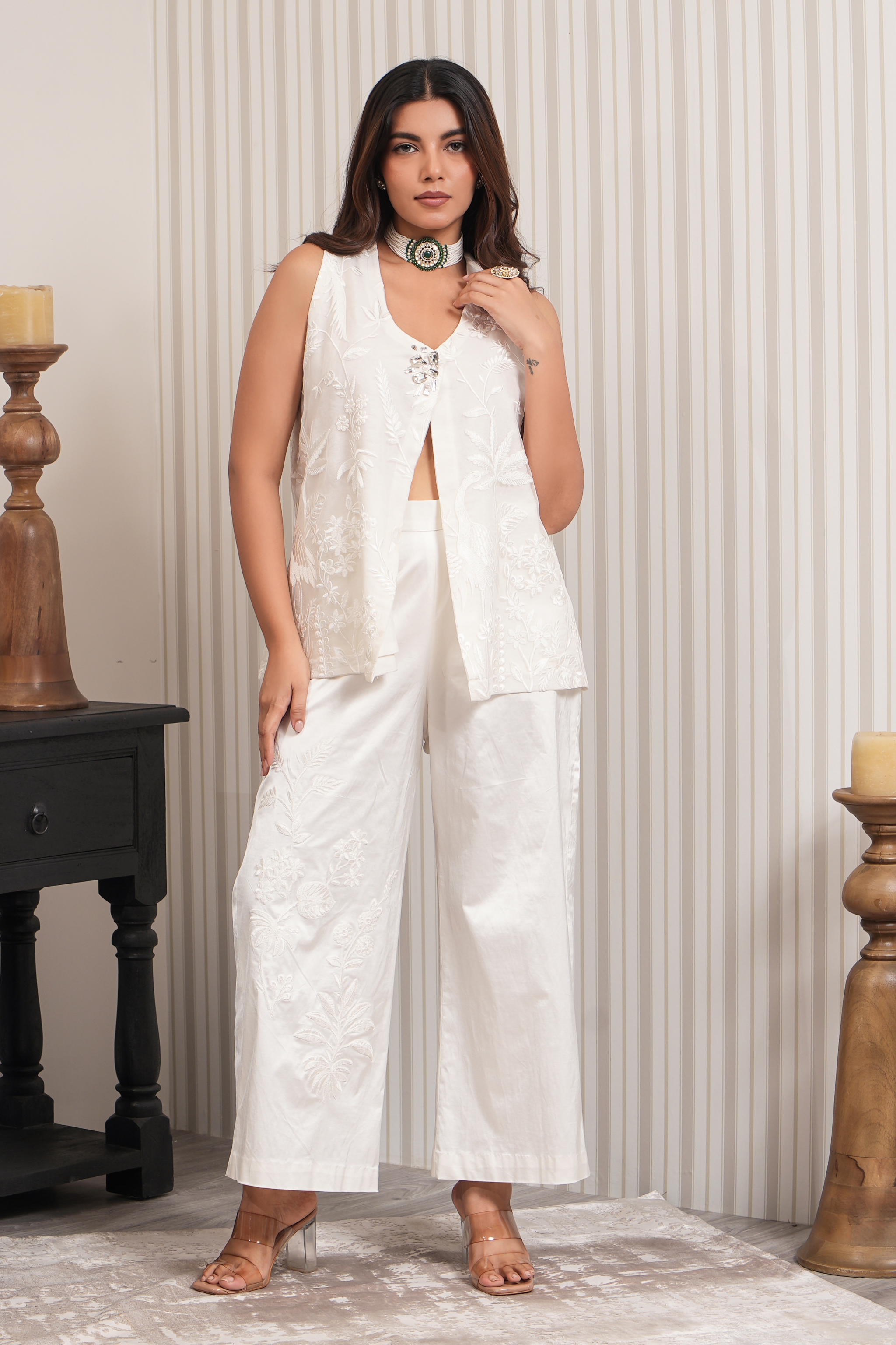 Embroidered Pure Tissue Co-ord Set - White