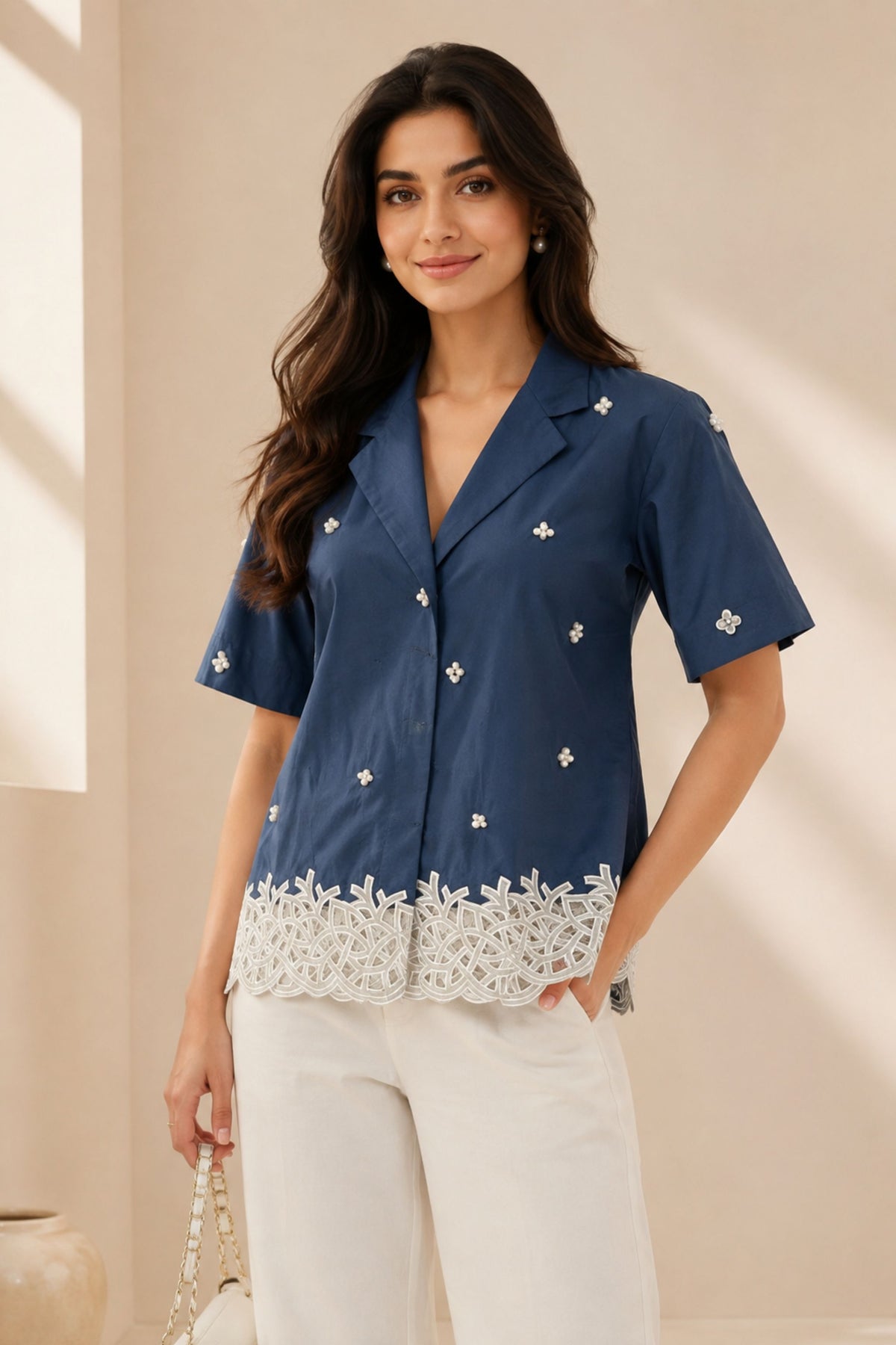 Navy Blue Floral Embroidered Shirt