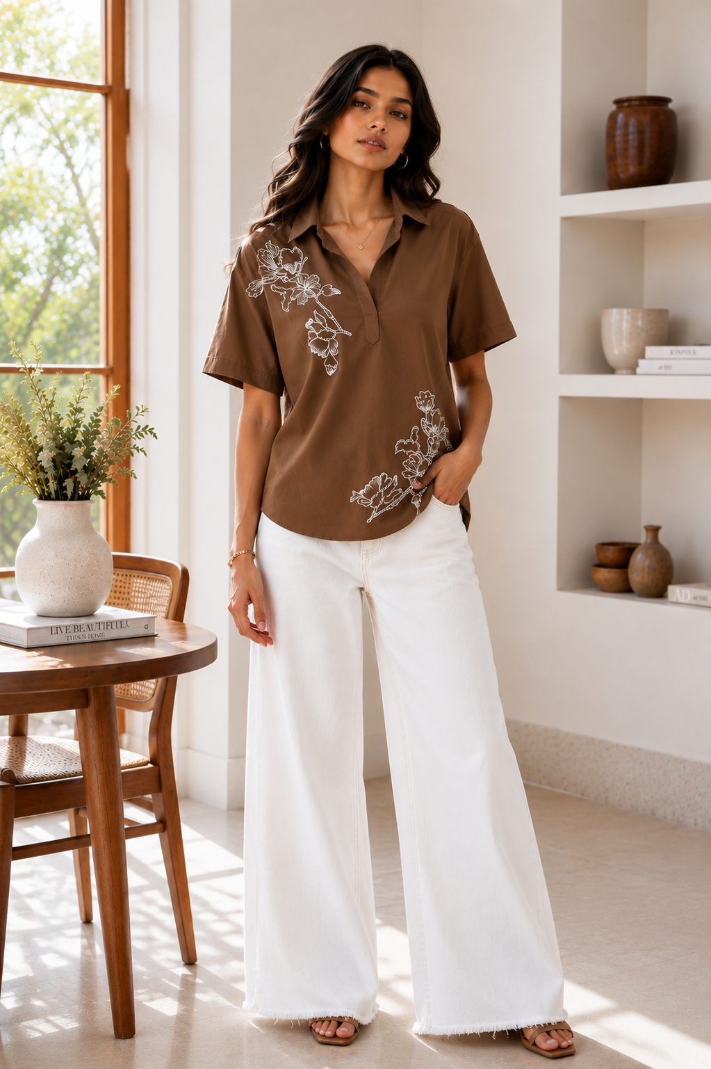 Mocha Bloom Embroidered Shirt