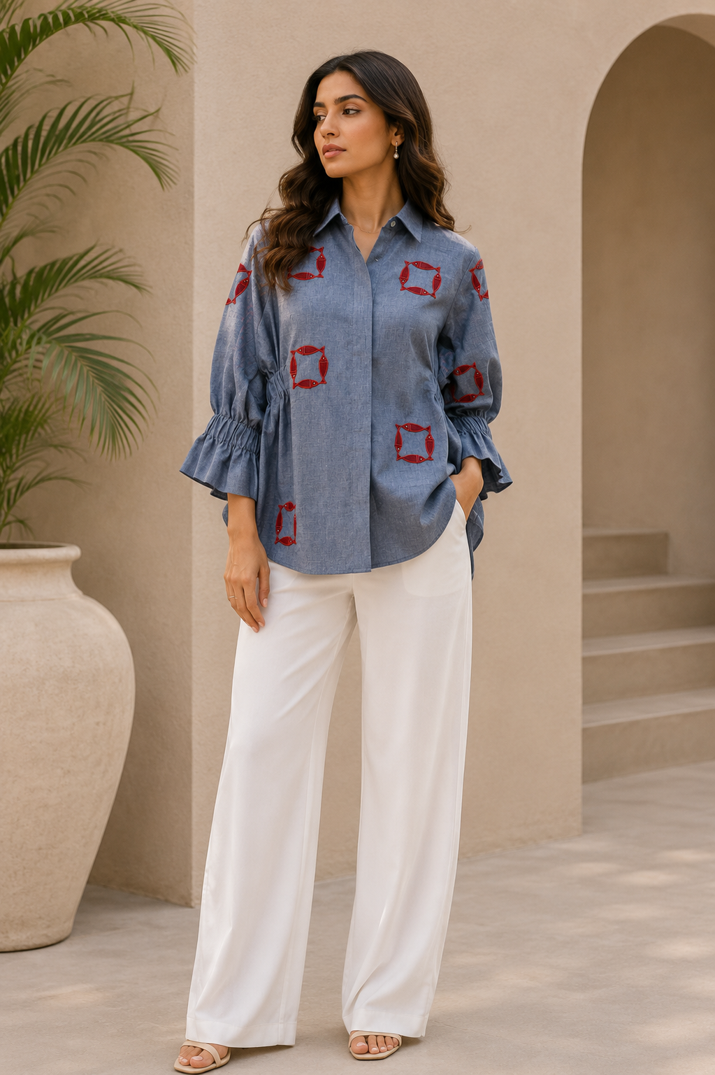 Azure Rouge Ruffle-Sleeve Shirt