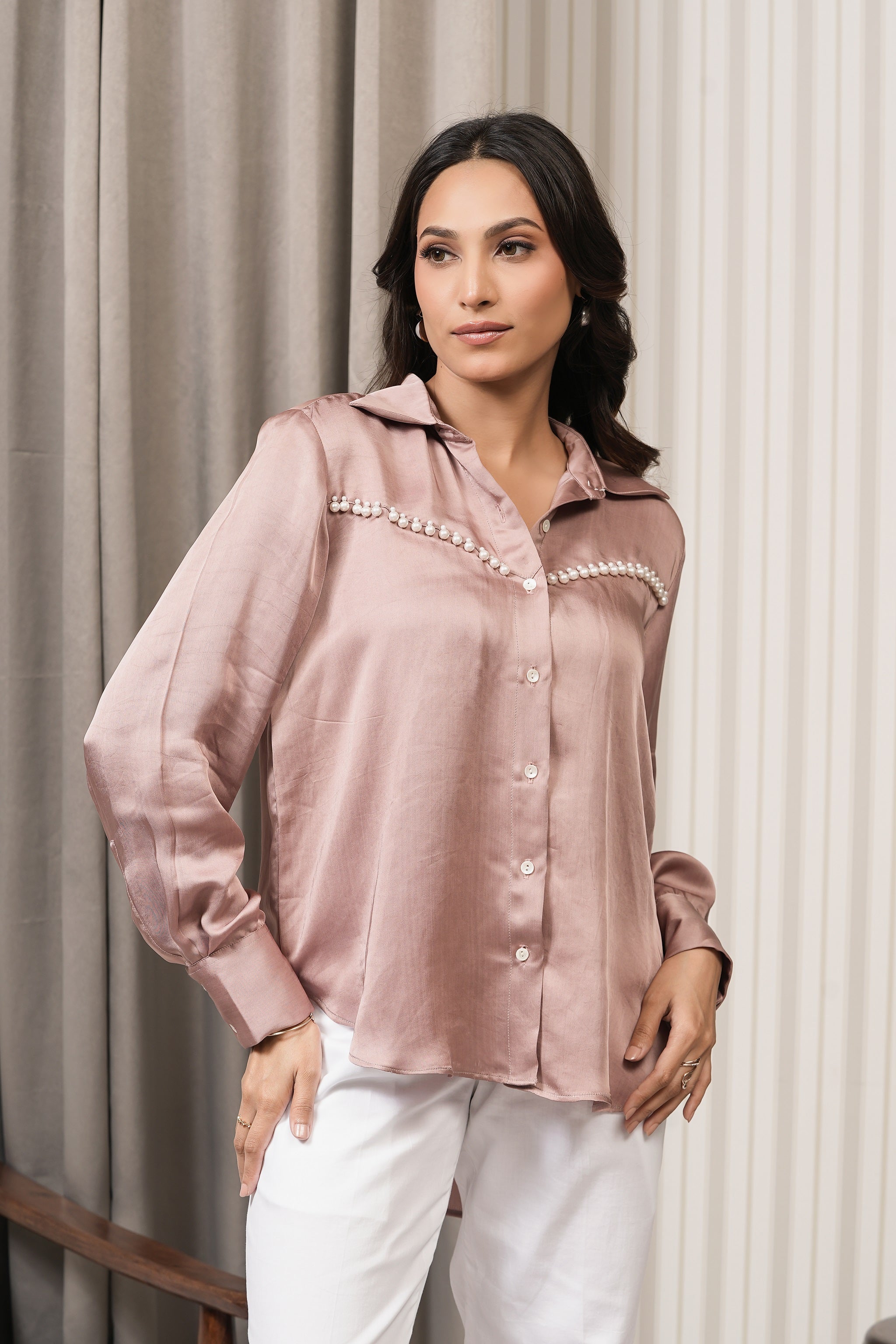 Embroidered Royal Satin Shirt - Onion Pink