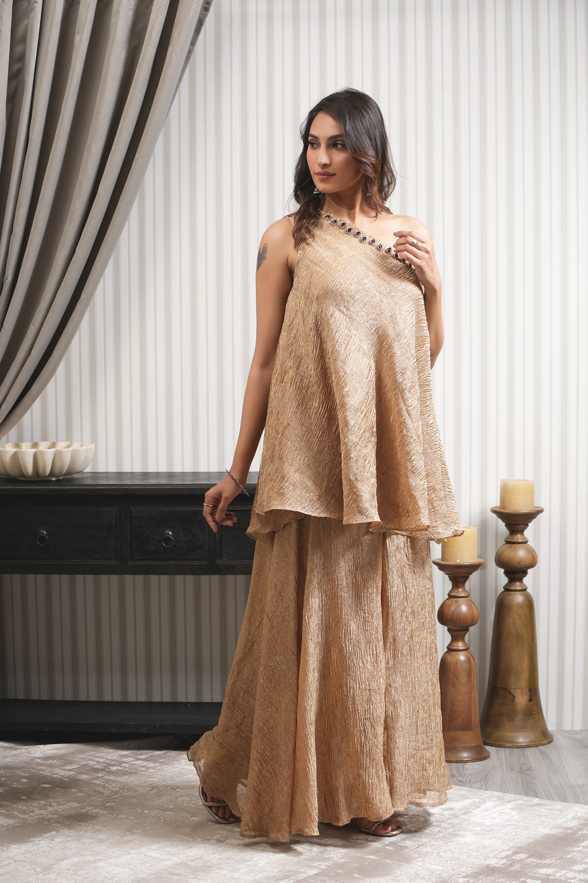 One Shoulder Stone Work Crushed Tissue Sharara Set - Copper