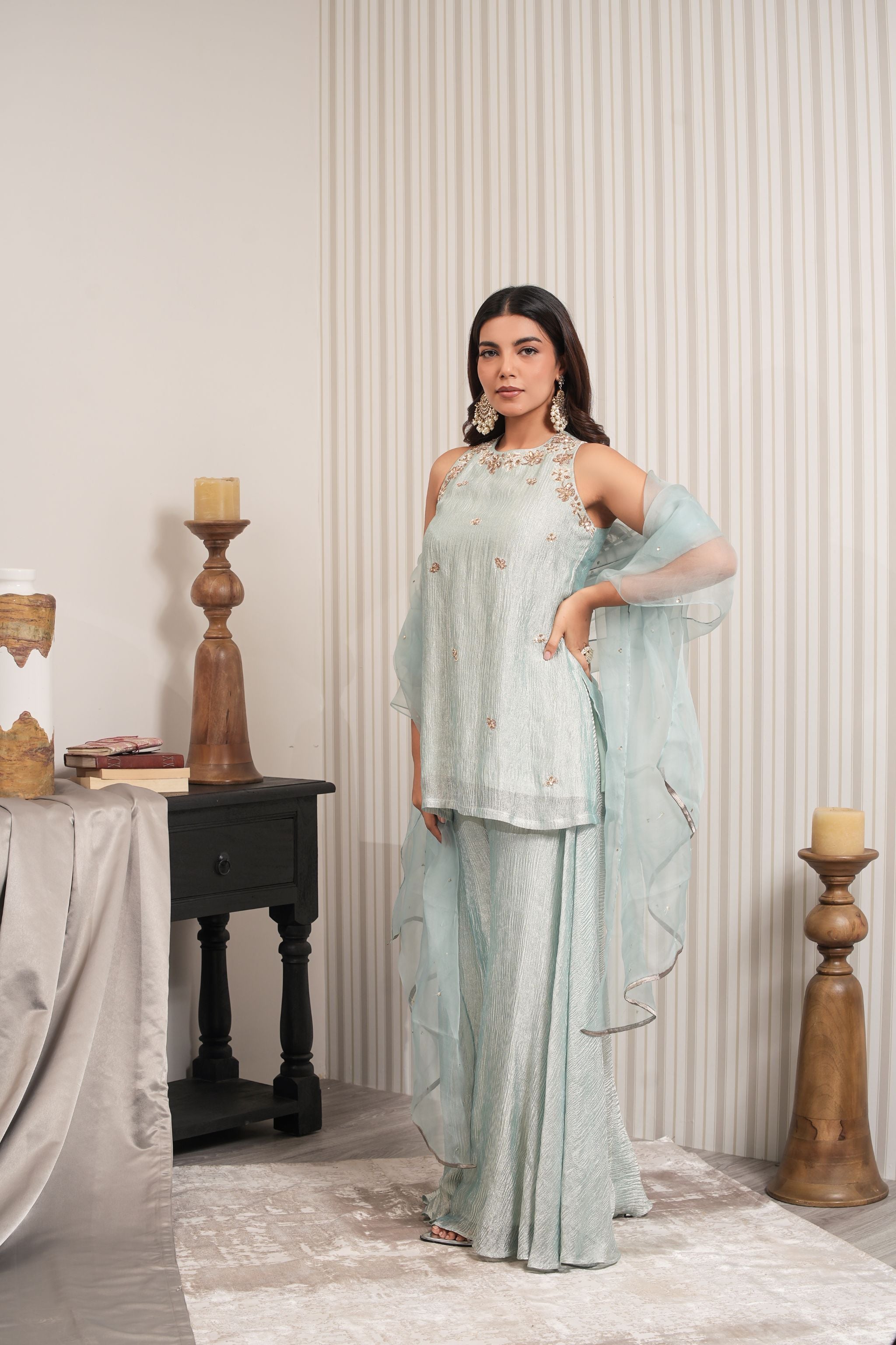 Embroidered Crushed Tissue Short Kuti Sharara Set - Mint