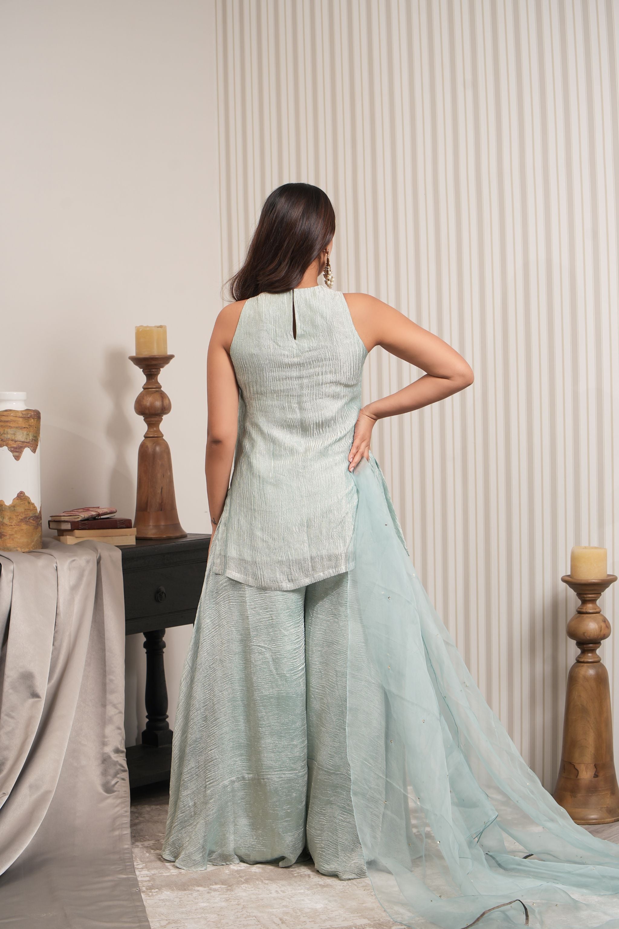 Embroidered Crushed Tissue Short Kuti Sharara Set - Mint