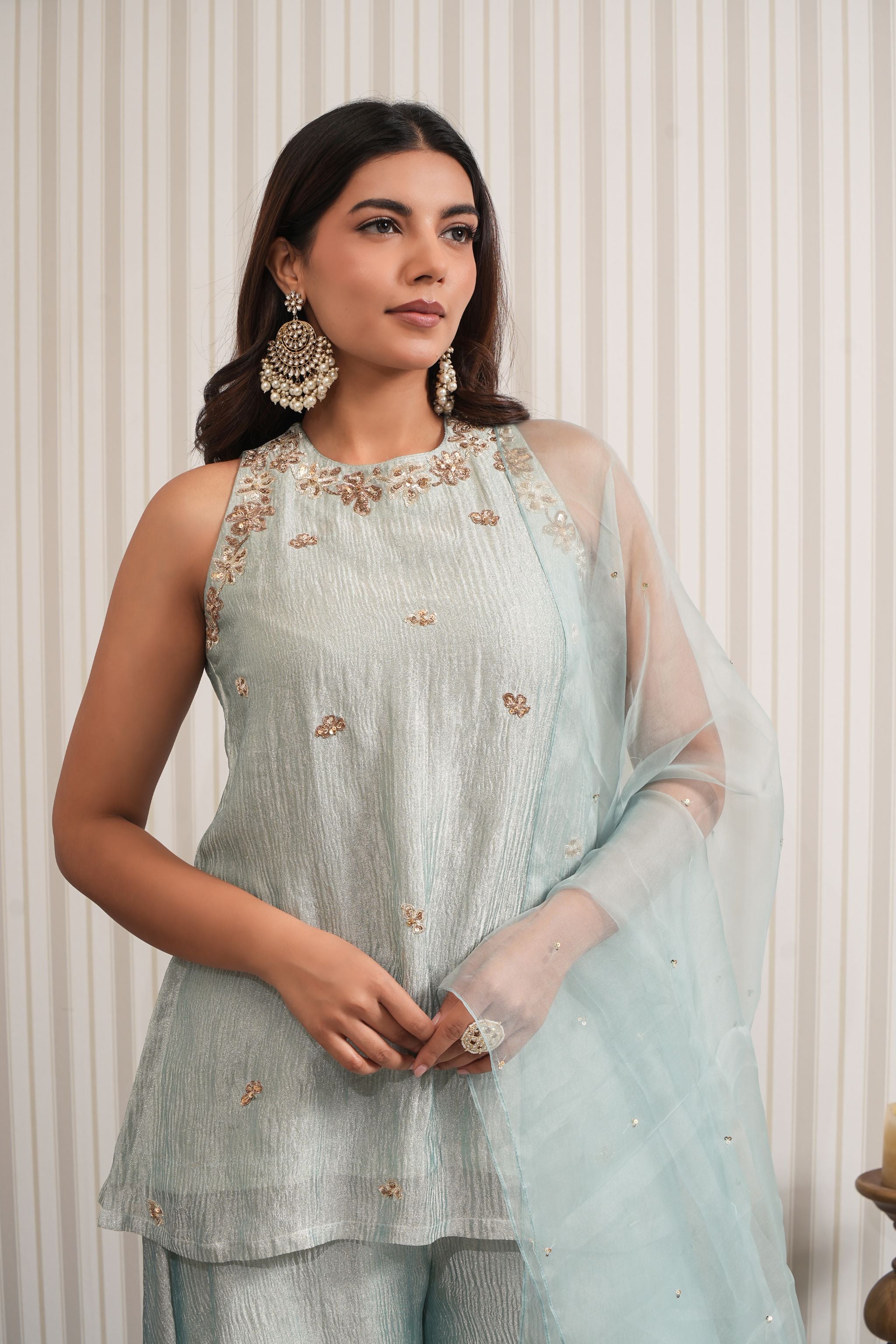 Embroidered Crushed Tissue Short Kuti Sharara Set - Mint