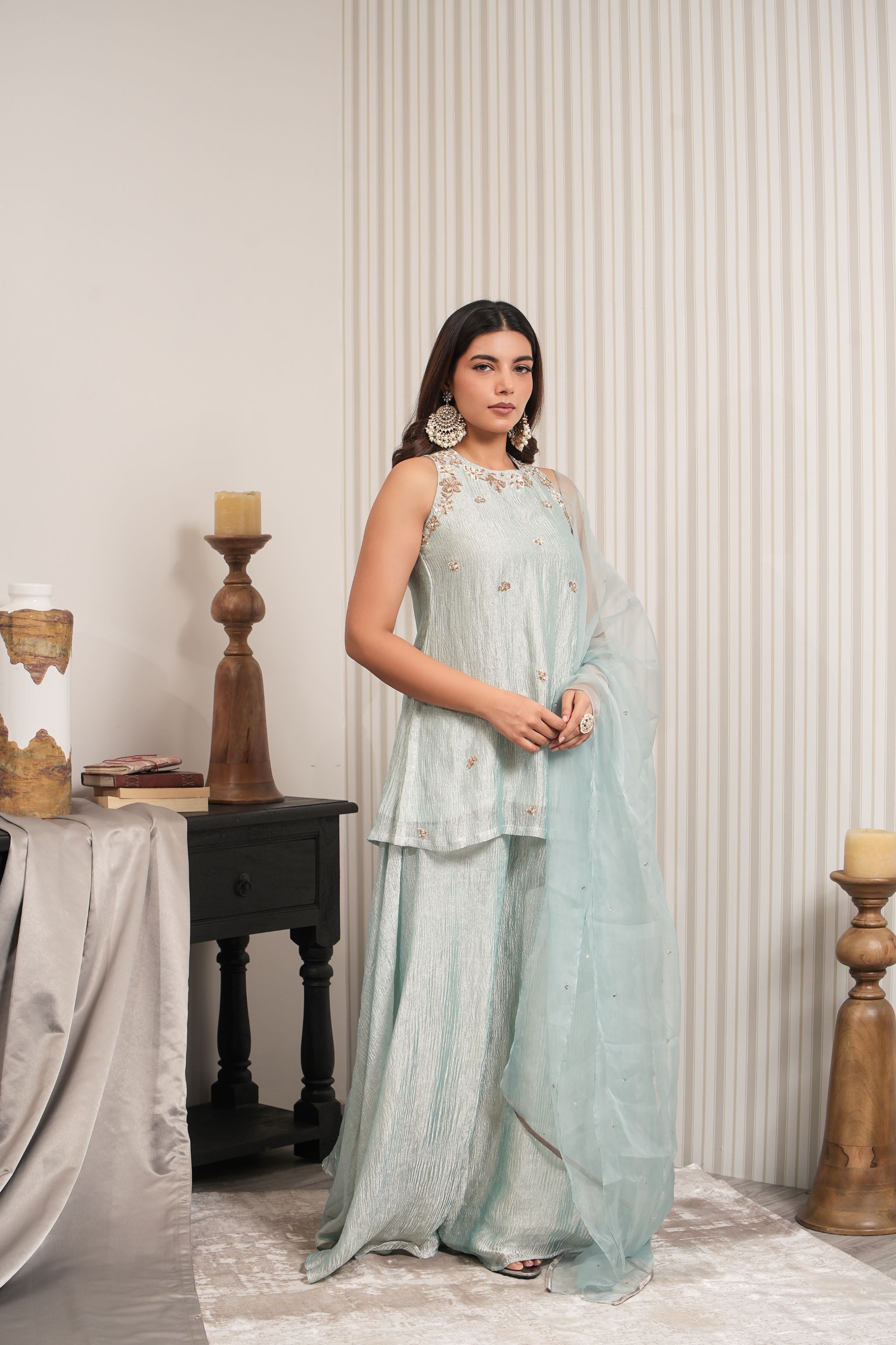 Embroidered Crushed Tissue Short Kuti Sharara Set - Mint