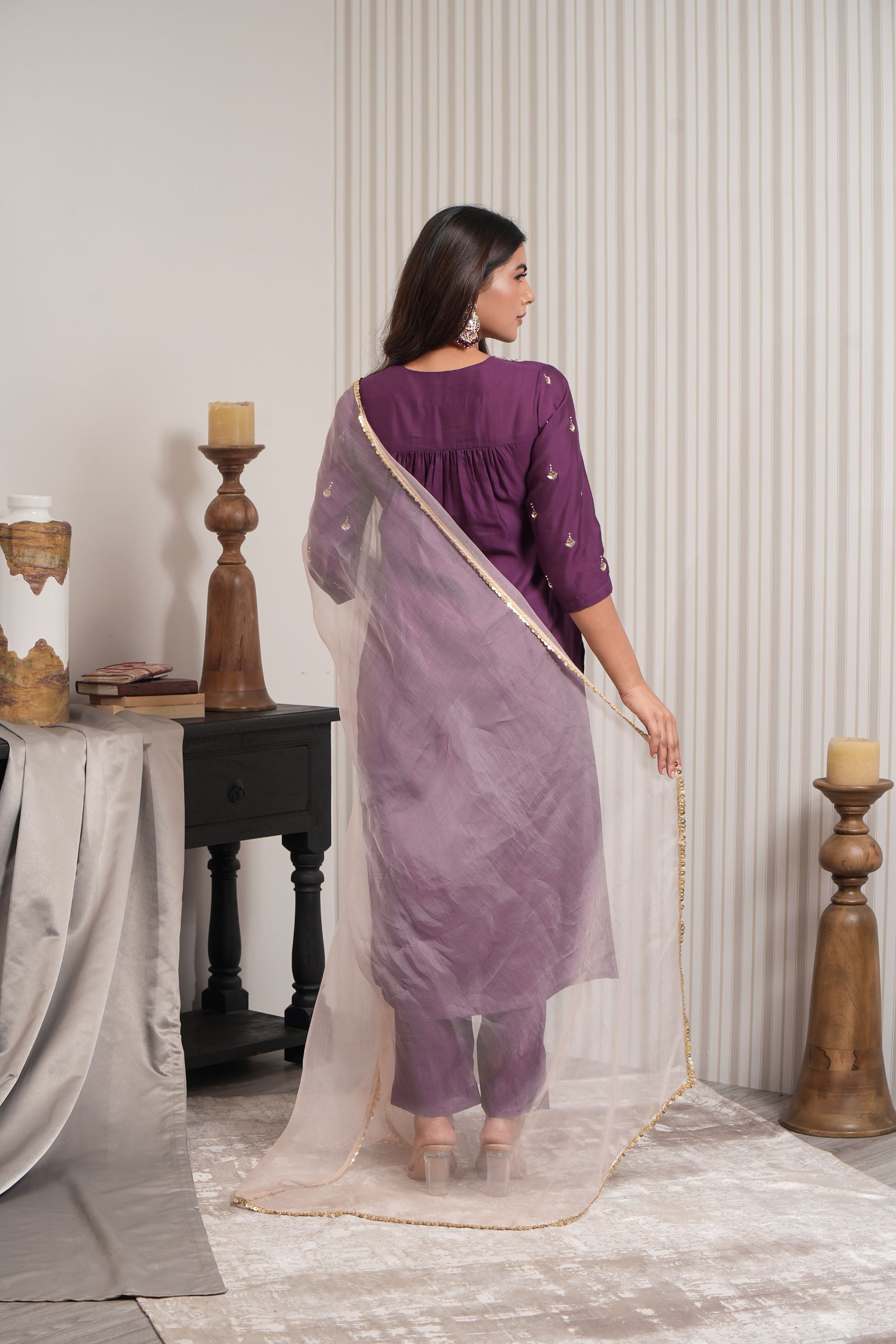 Embroidered Chaniya Silk Straight Suit Set - Purple