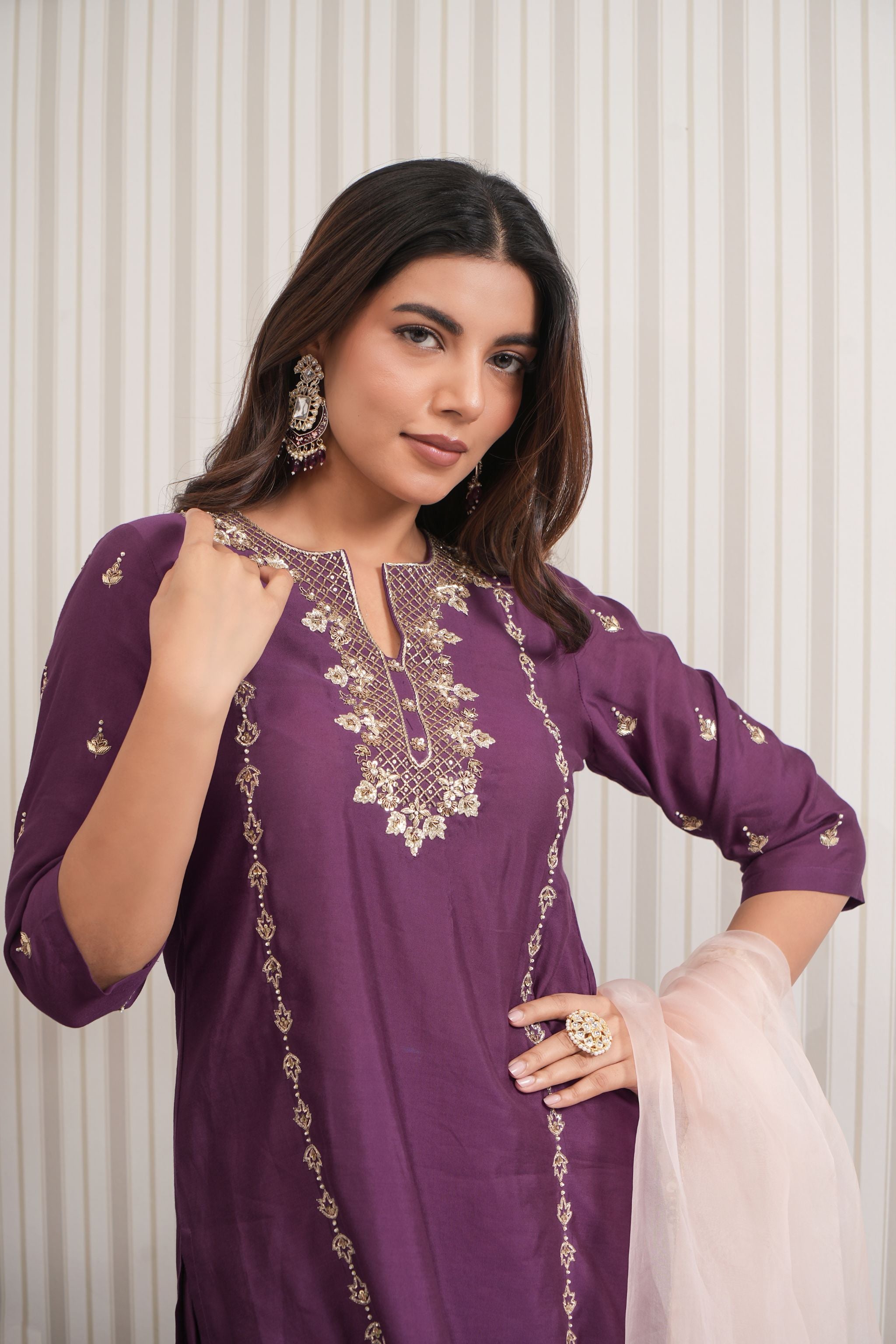 Embroidered Chaniya Silk Straight Suit Set - Purple