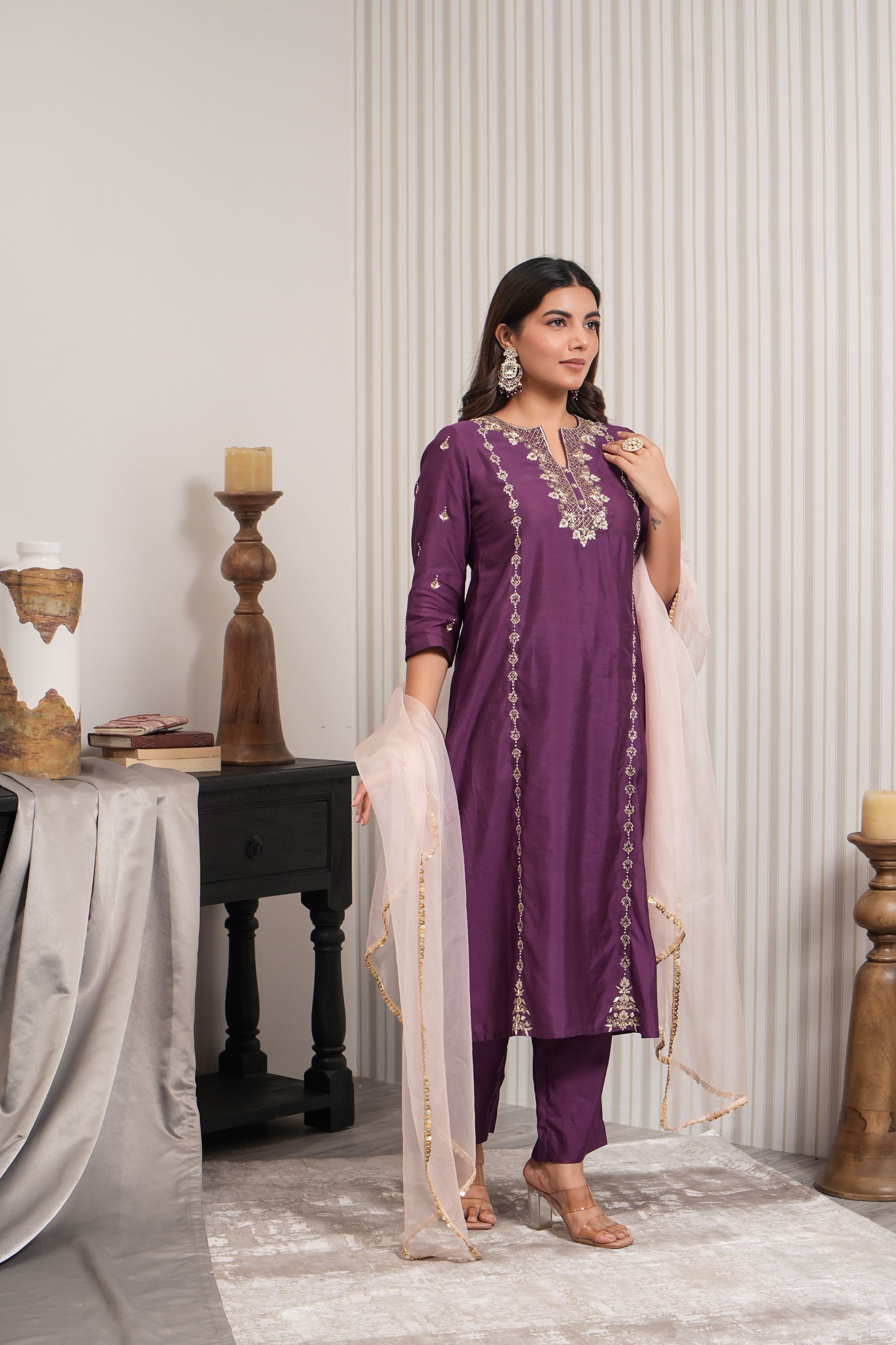 Embroidered Chaniya Silk Straight Suit Set - Purple
