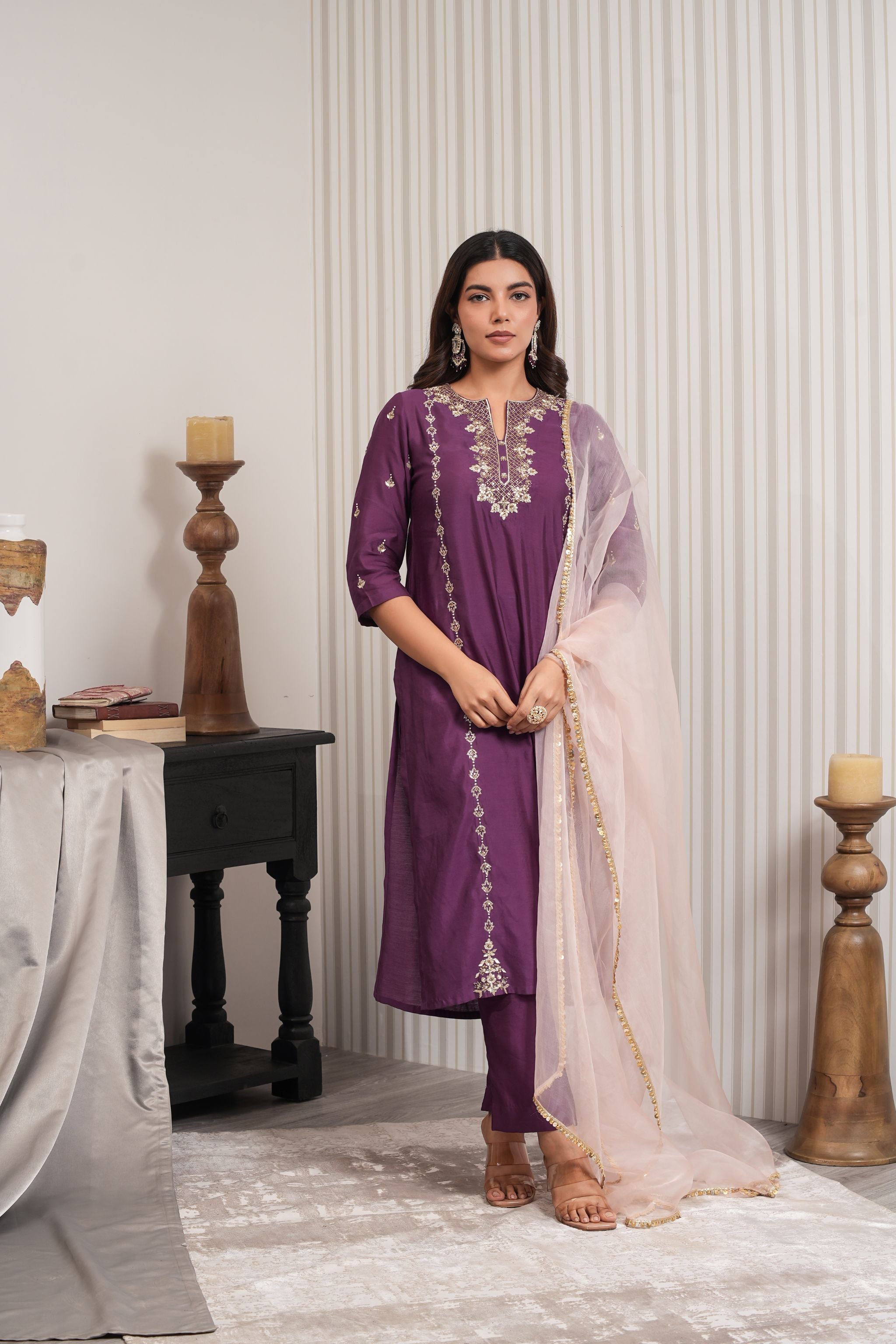 Embroidered Chaniya Silk Straight Suit Set - Purple