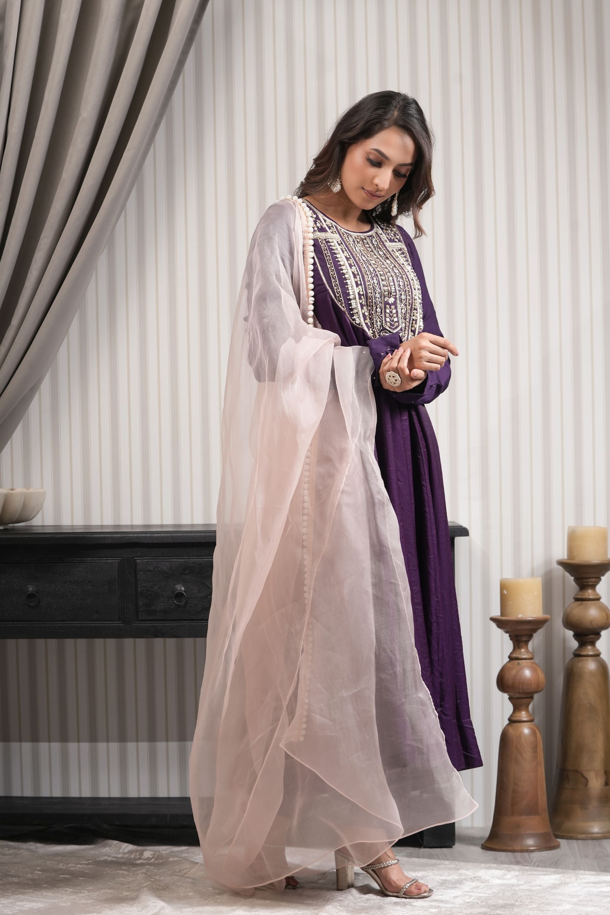 Handcrafted Chanderi Satin Anarkali Suit Set - Purple
