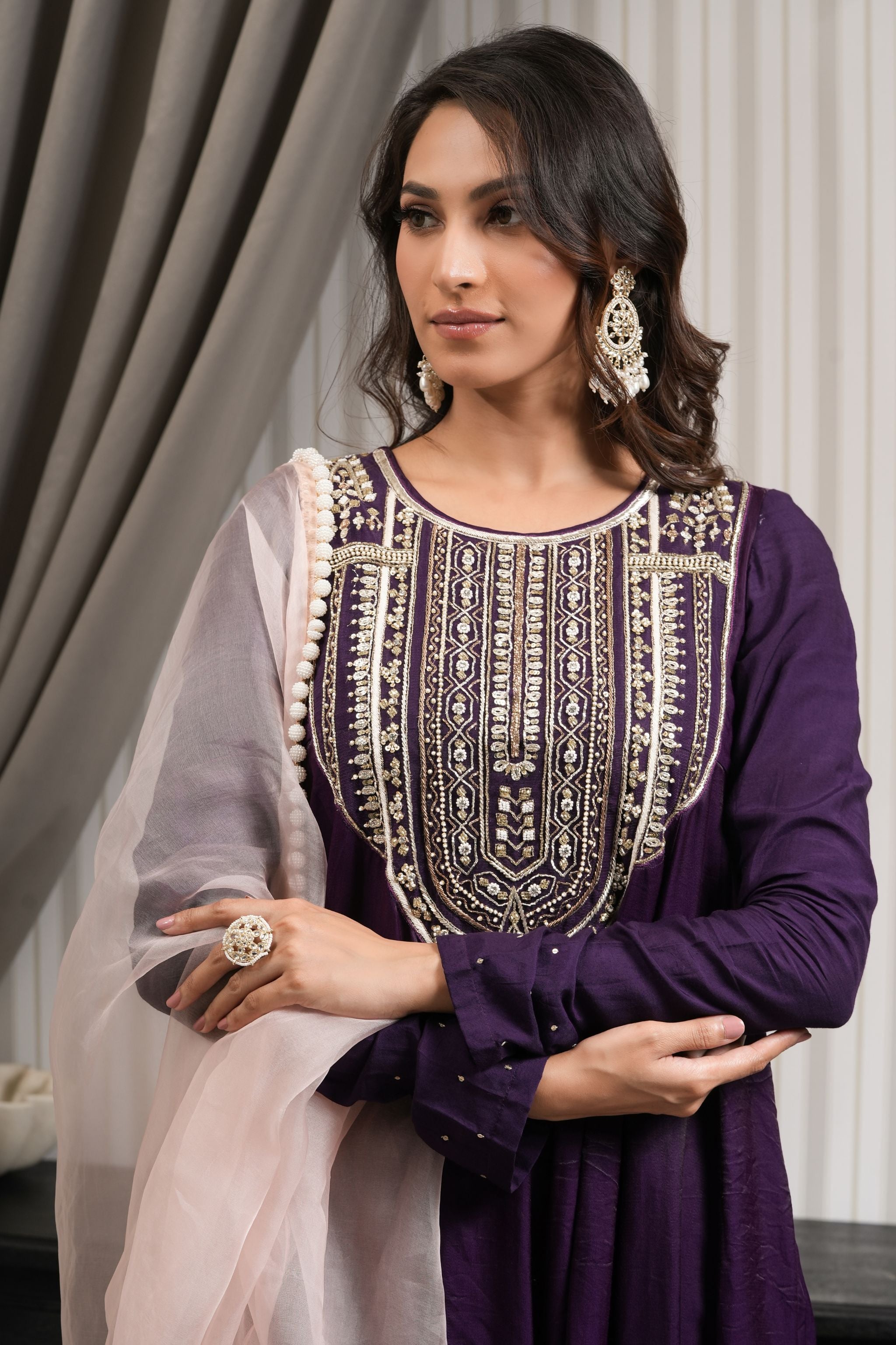 Handcrafted Chanderi Satin Anarkali Suit Set - Purple