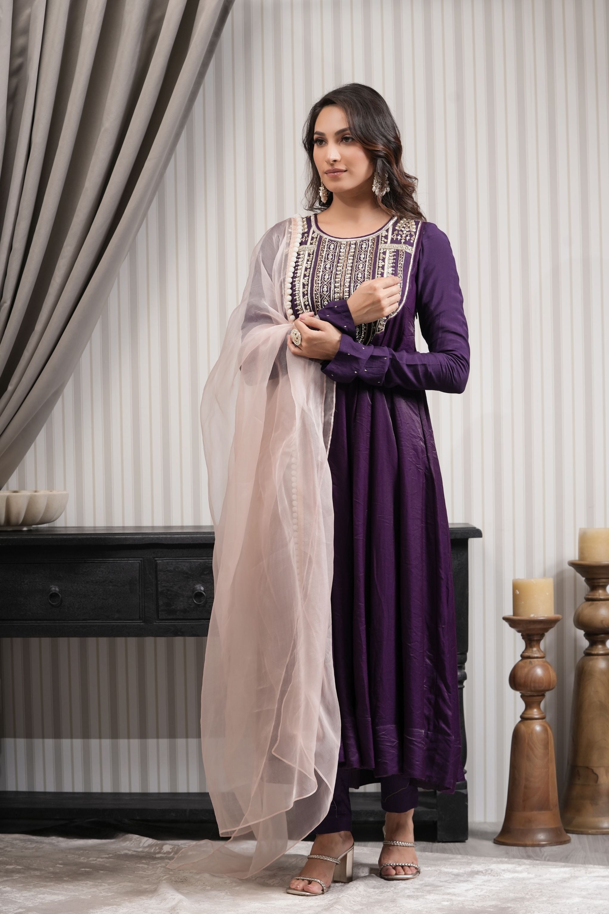 Handcrafted Chanderi Satin Anarkali Suit Set - Purple