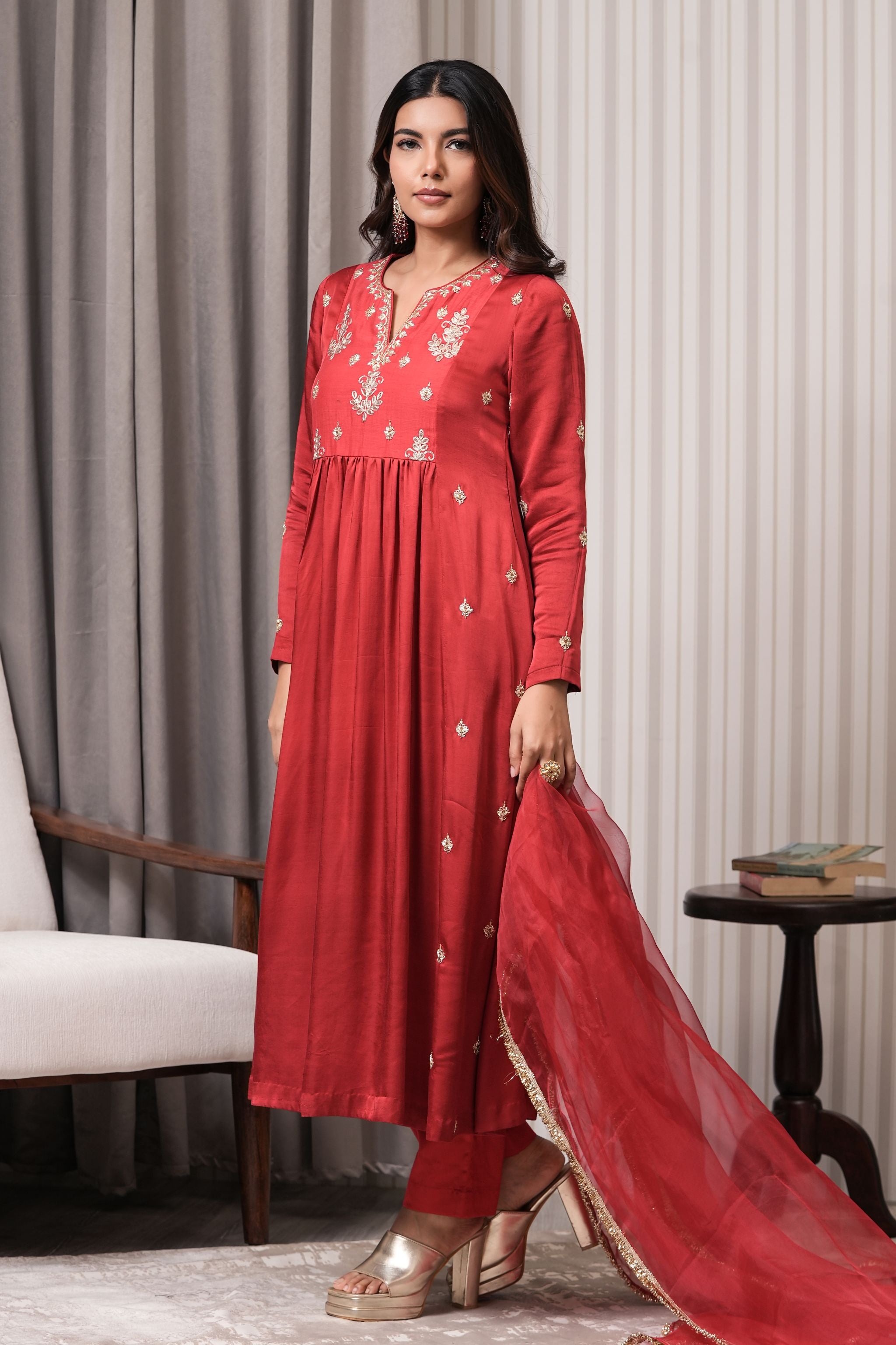 Embroidered Chanderi Anarkali Suit Set - Red