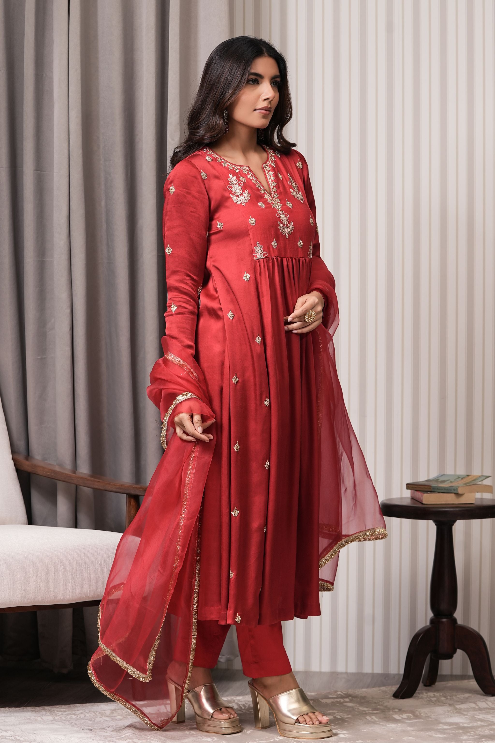 Embroidered Chanderi Anarkali Suit Set - Red