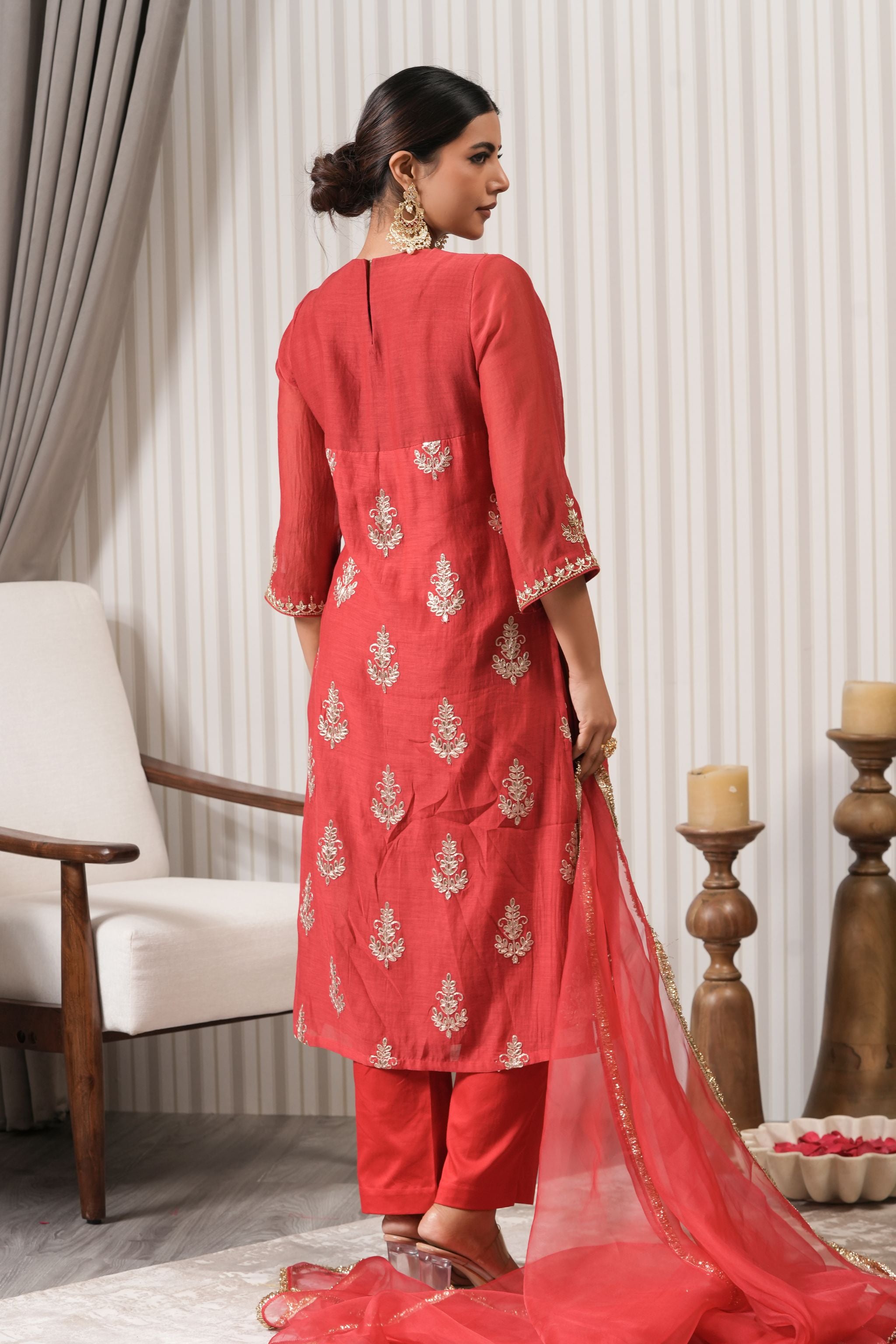 Embroidered Chanderi Suit Set - Red