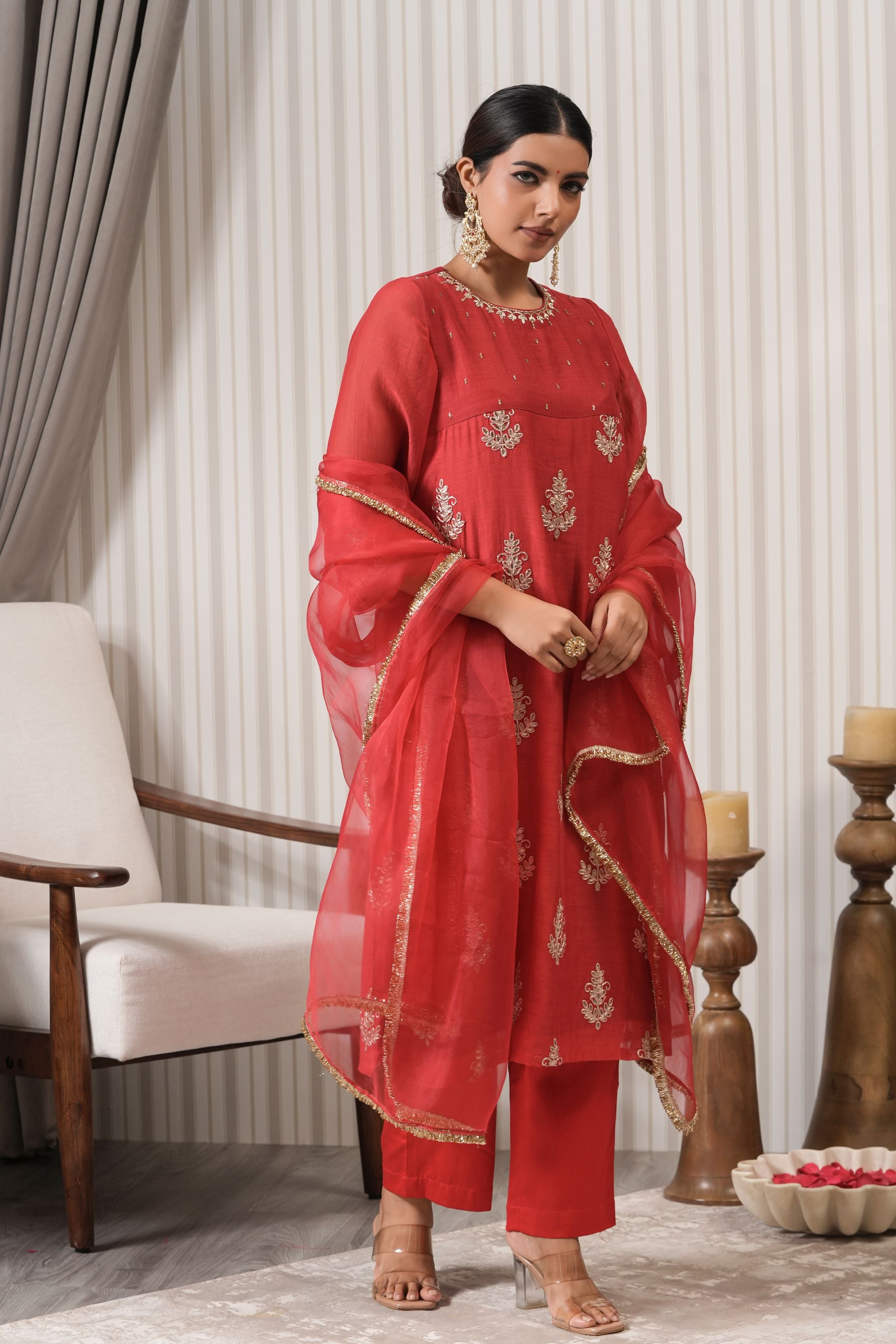 Embroidered Chanderi Suit Set - Red
