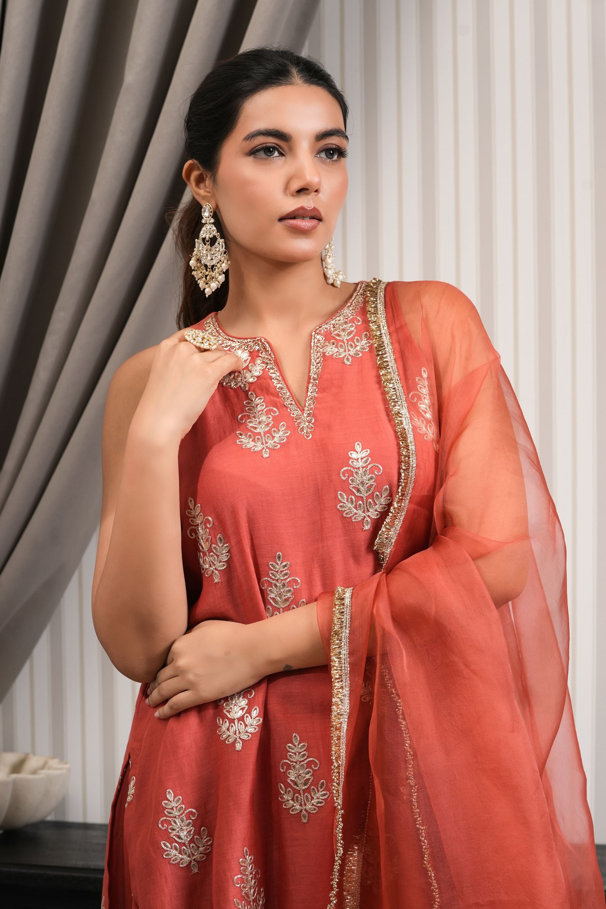 Embroidered Chandri Short Kurti Sharara Set - Rust