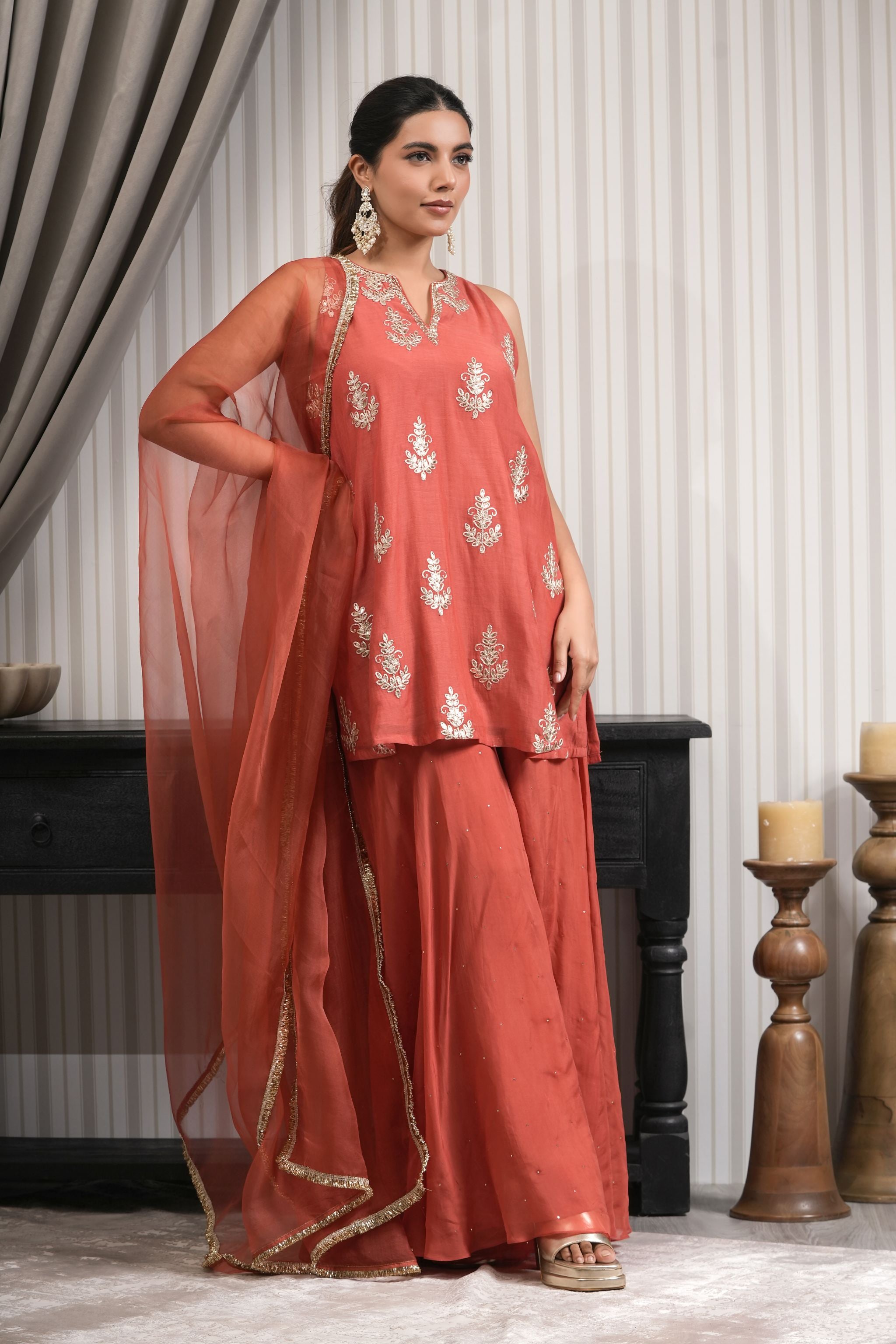 Embroidered Chandri Short Kurti Sharara Set - Rust