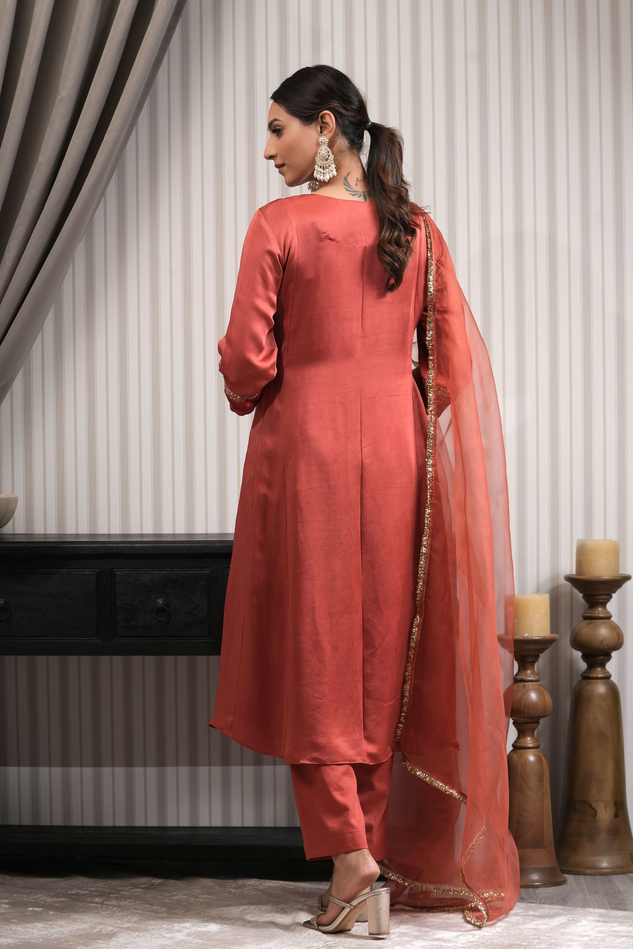 Embroidered Modal Silk A-line Suit Set - Rust