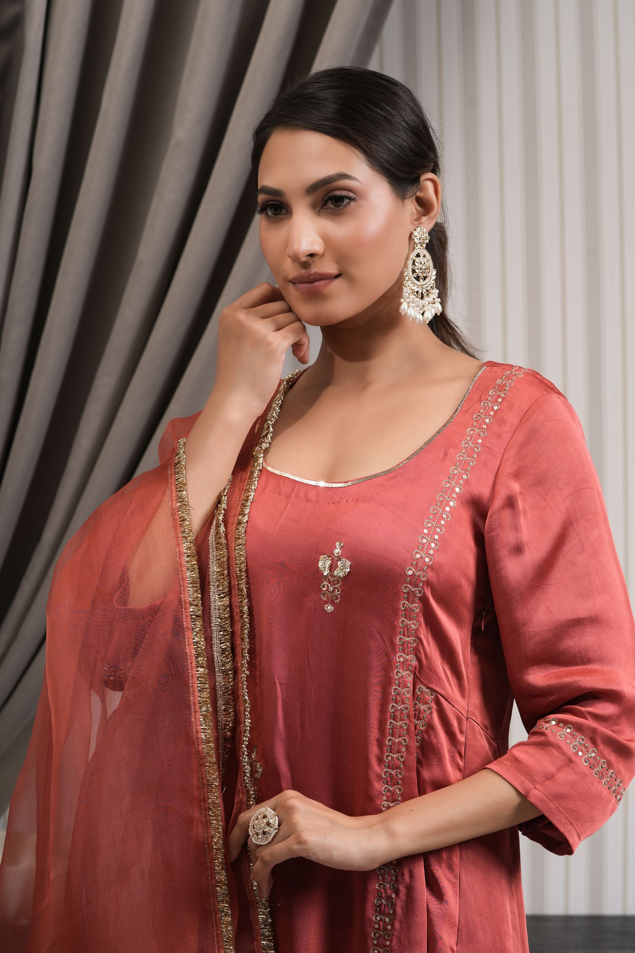 Embroidered Modal Silk A-line Suit Set - Rust