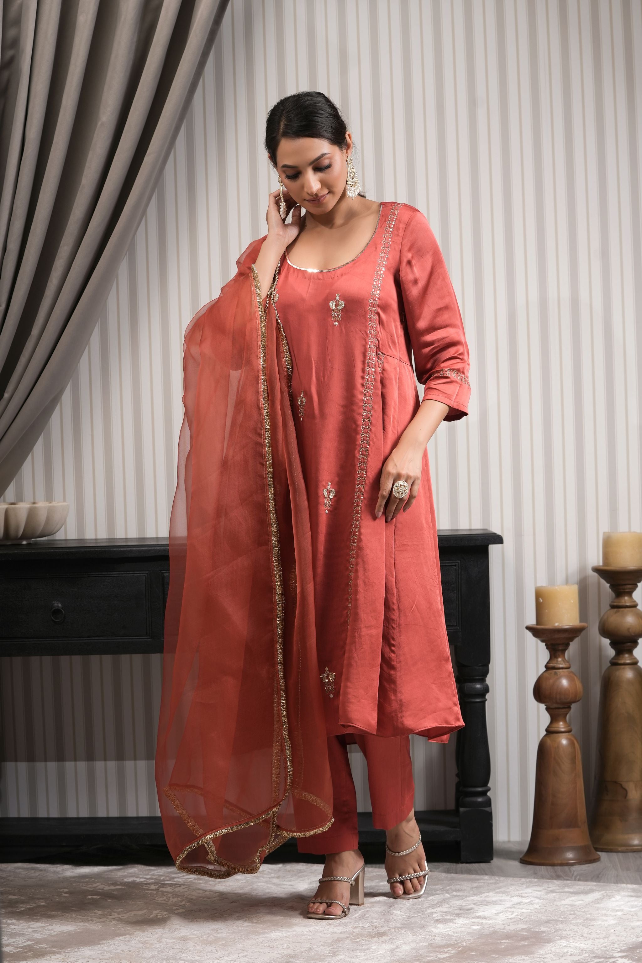 Embroidered Modal Silk A-line Suit Set - Rust
