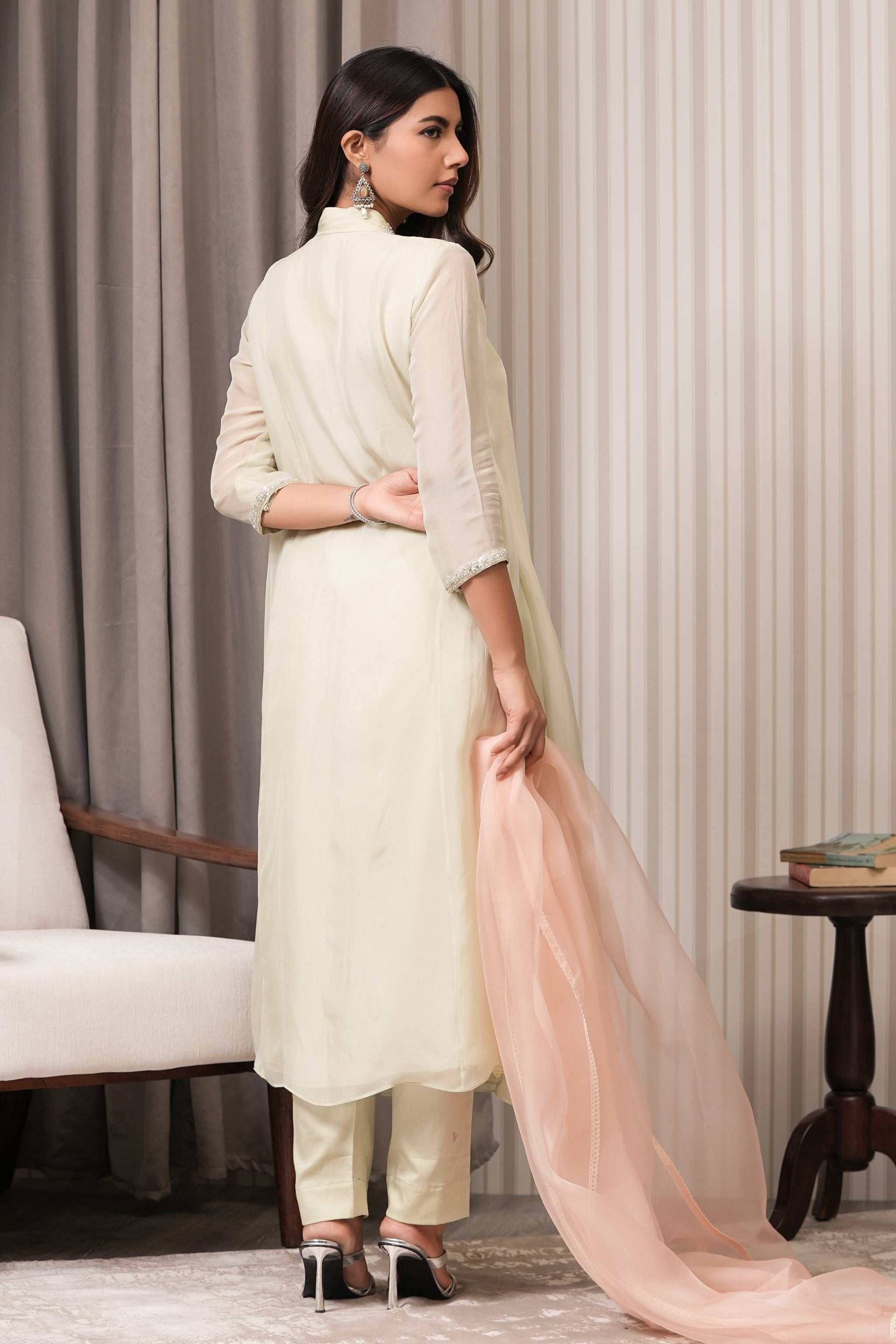 Embroidered A-line Suit Set - Sea Green