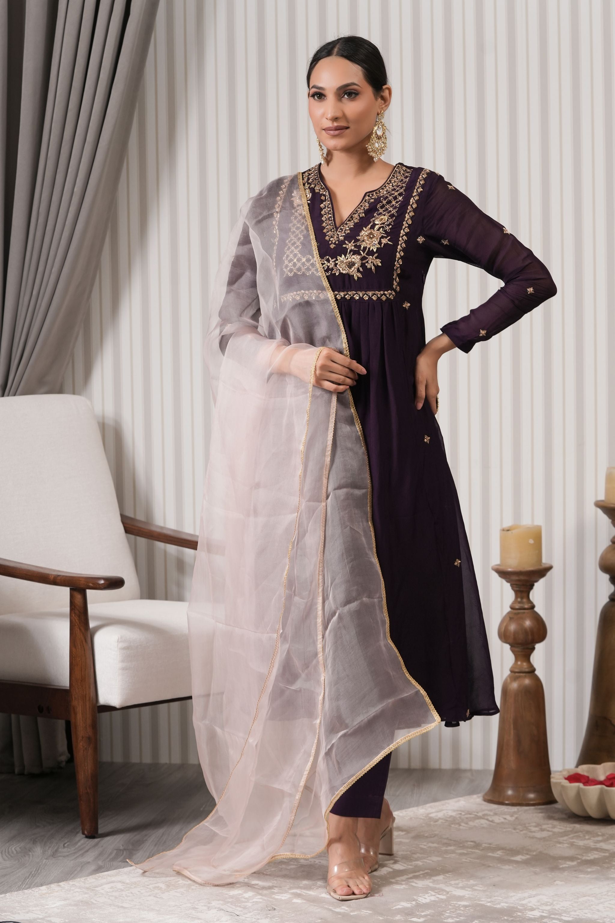 Embroidered Viscose Organaza Anarkali Suit Set - Wine