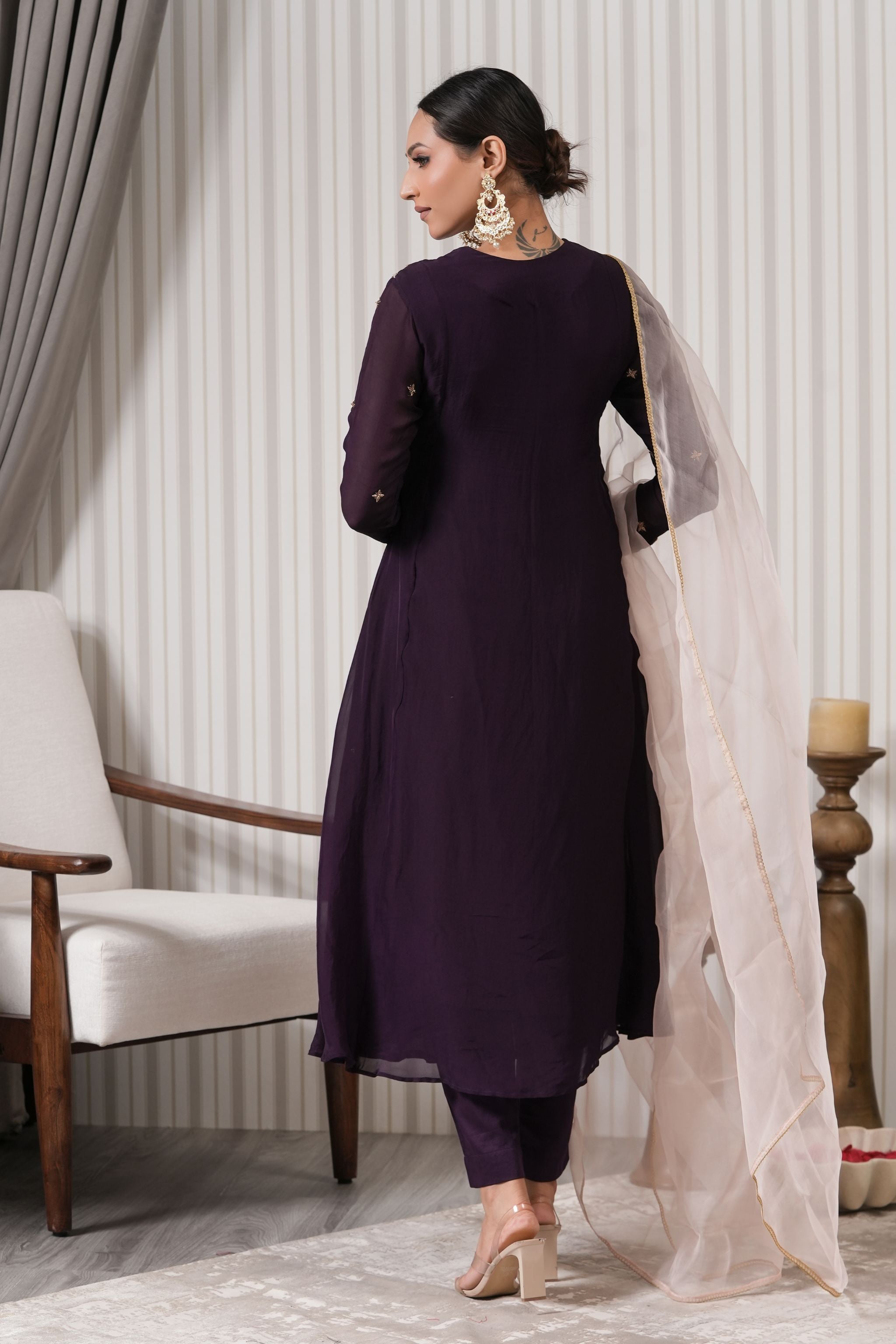 Embroidered Viscose Organaza Anarkali Suit Set - Wine