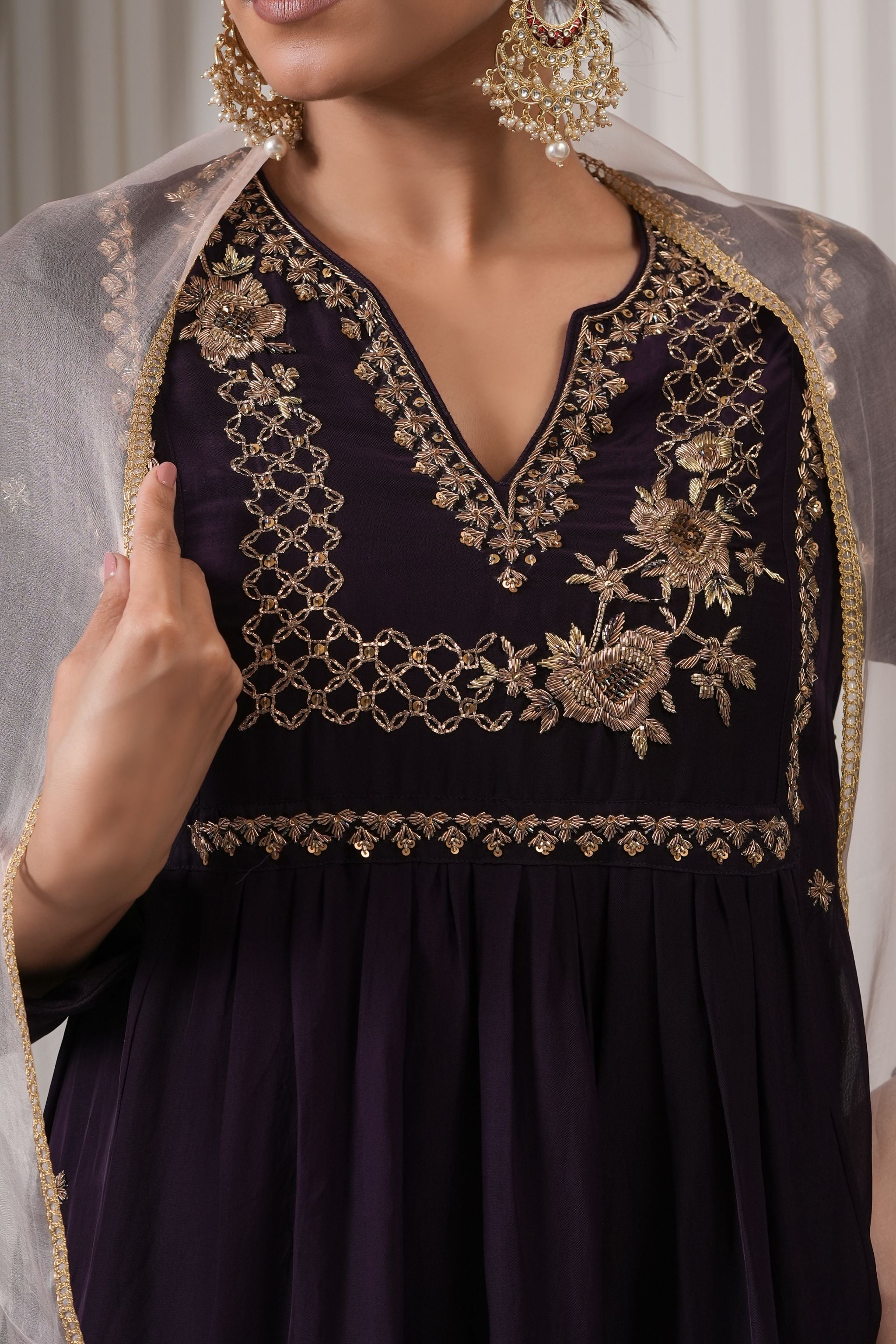 Embroidered Viscose Organaza Anarkali Suit Set - Wine