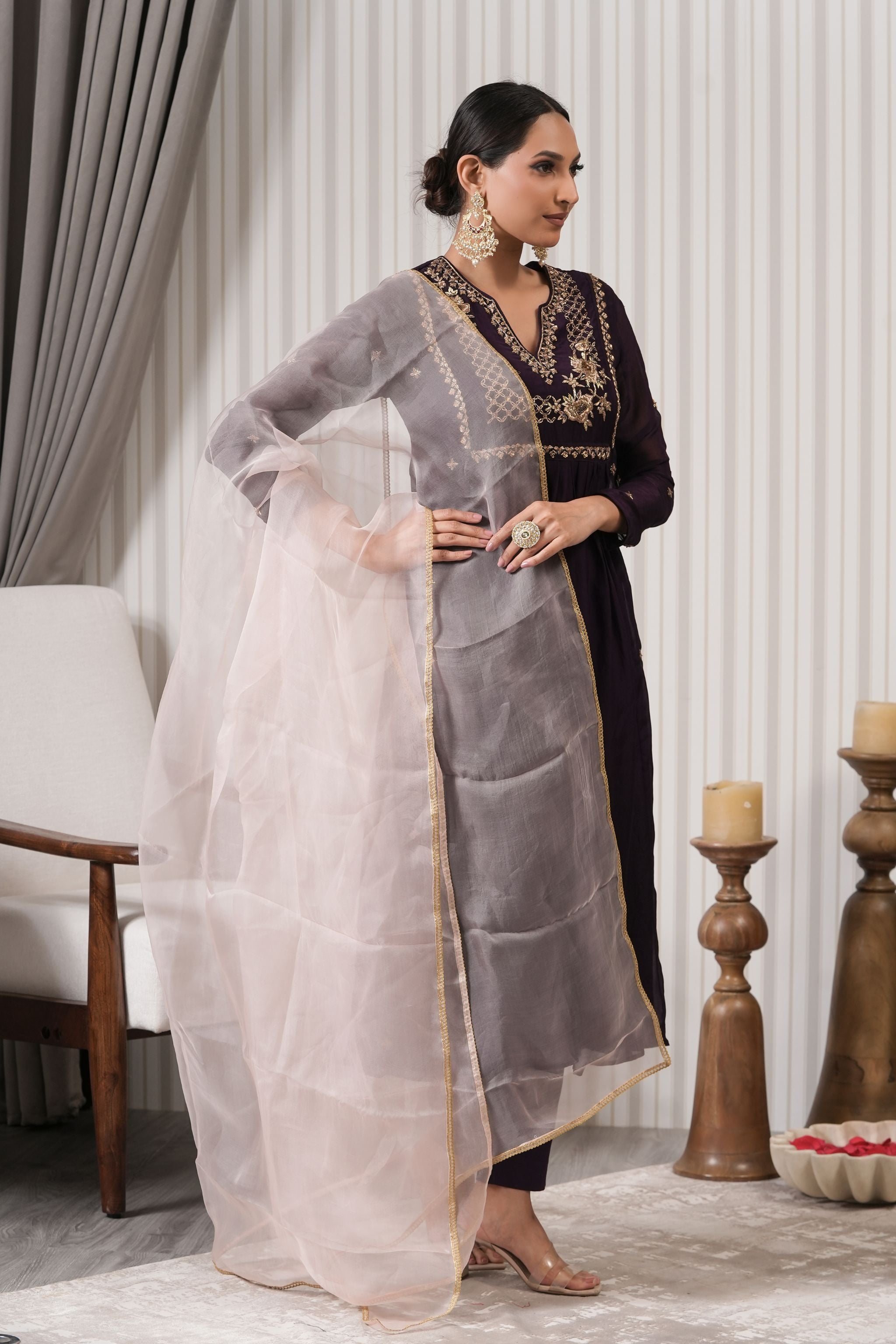 Embroidered Viscose Organaza Anarkali Suit Set - Wine